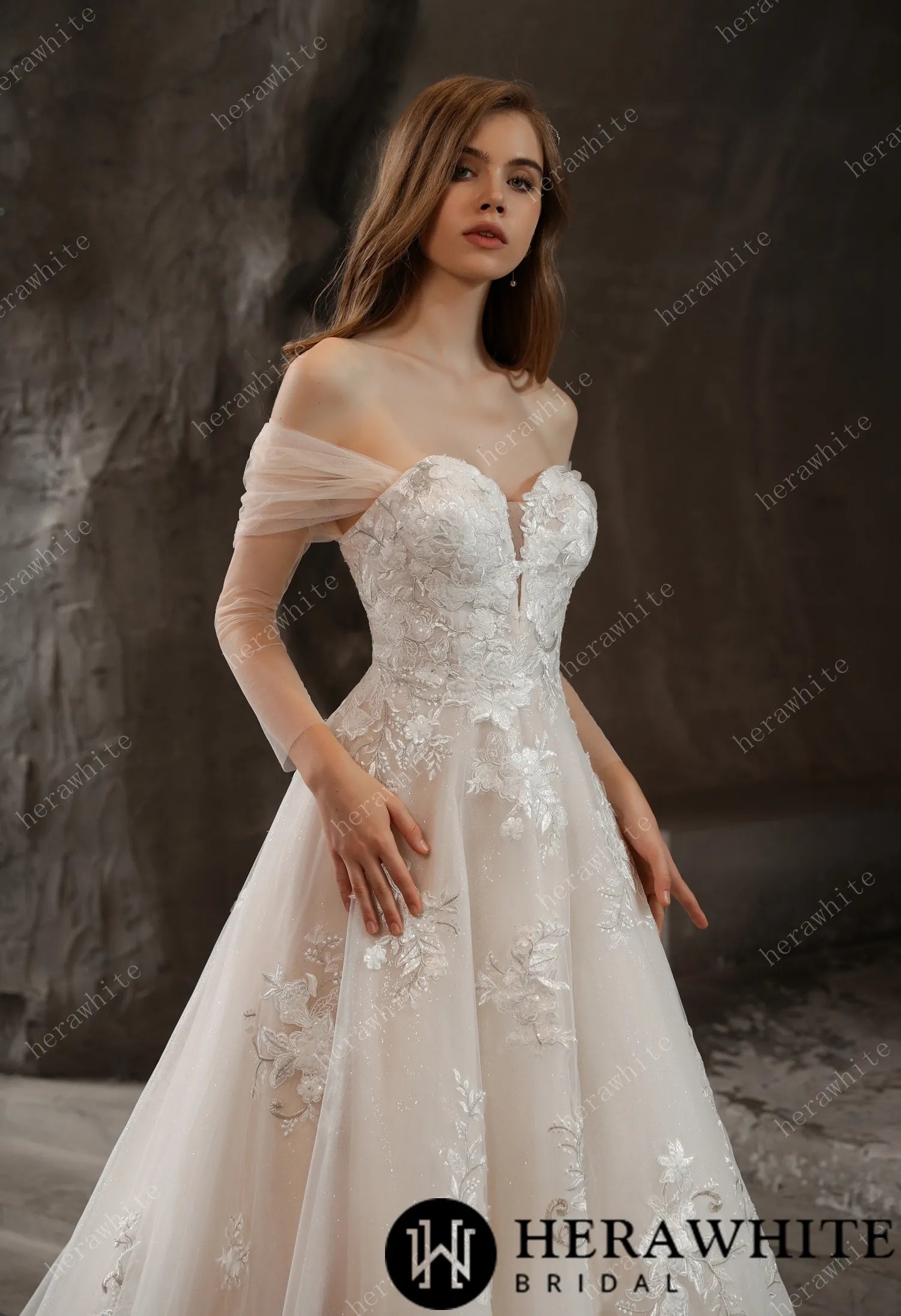 Off-the-Shoulder Romantic Wedding Ball Gown with Glamorous Floral Motifs