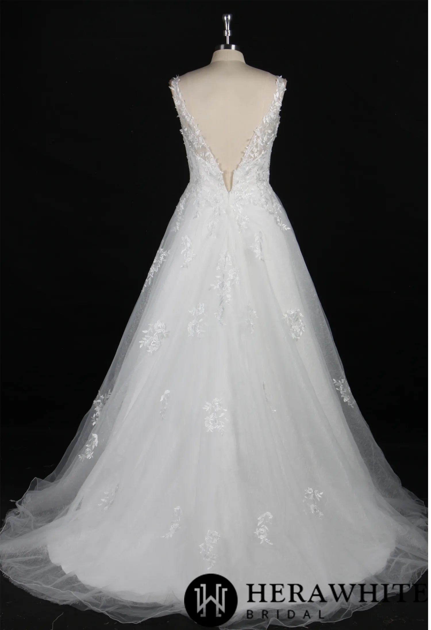 Embroidered Tulle Wedding Dress With A-Line Silhouette and V-Neck