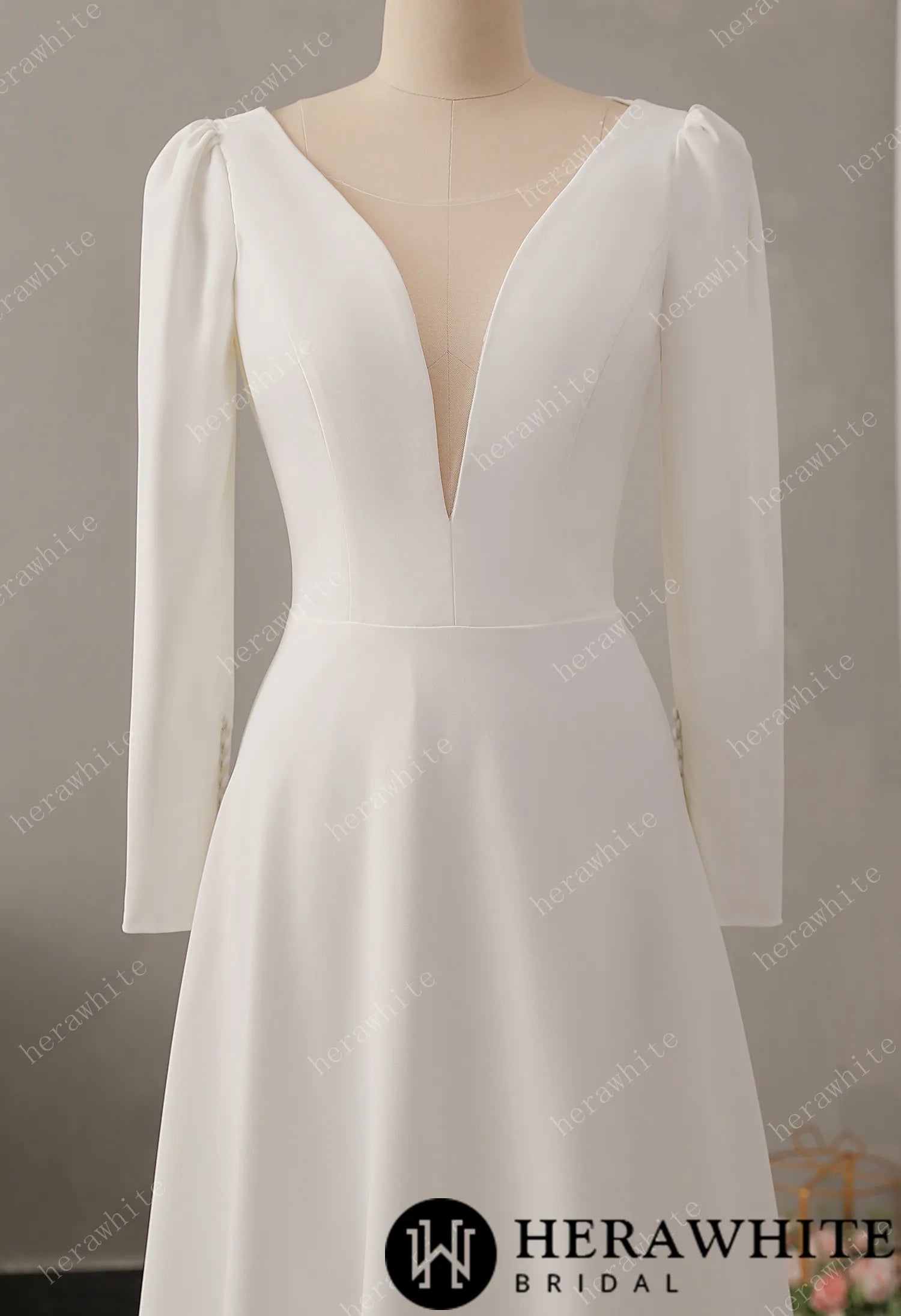 Crepe Plunging V-neckline Wedding Dress with Long Sleeve