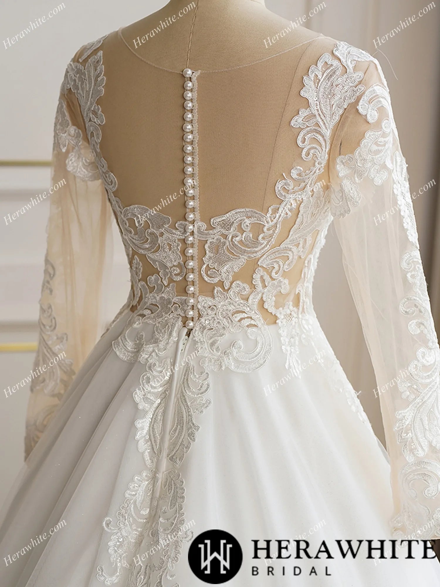 Illusion Neckline Long Sleeve Lace with Pearl Buttons Bridal Gown