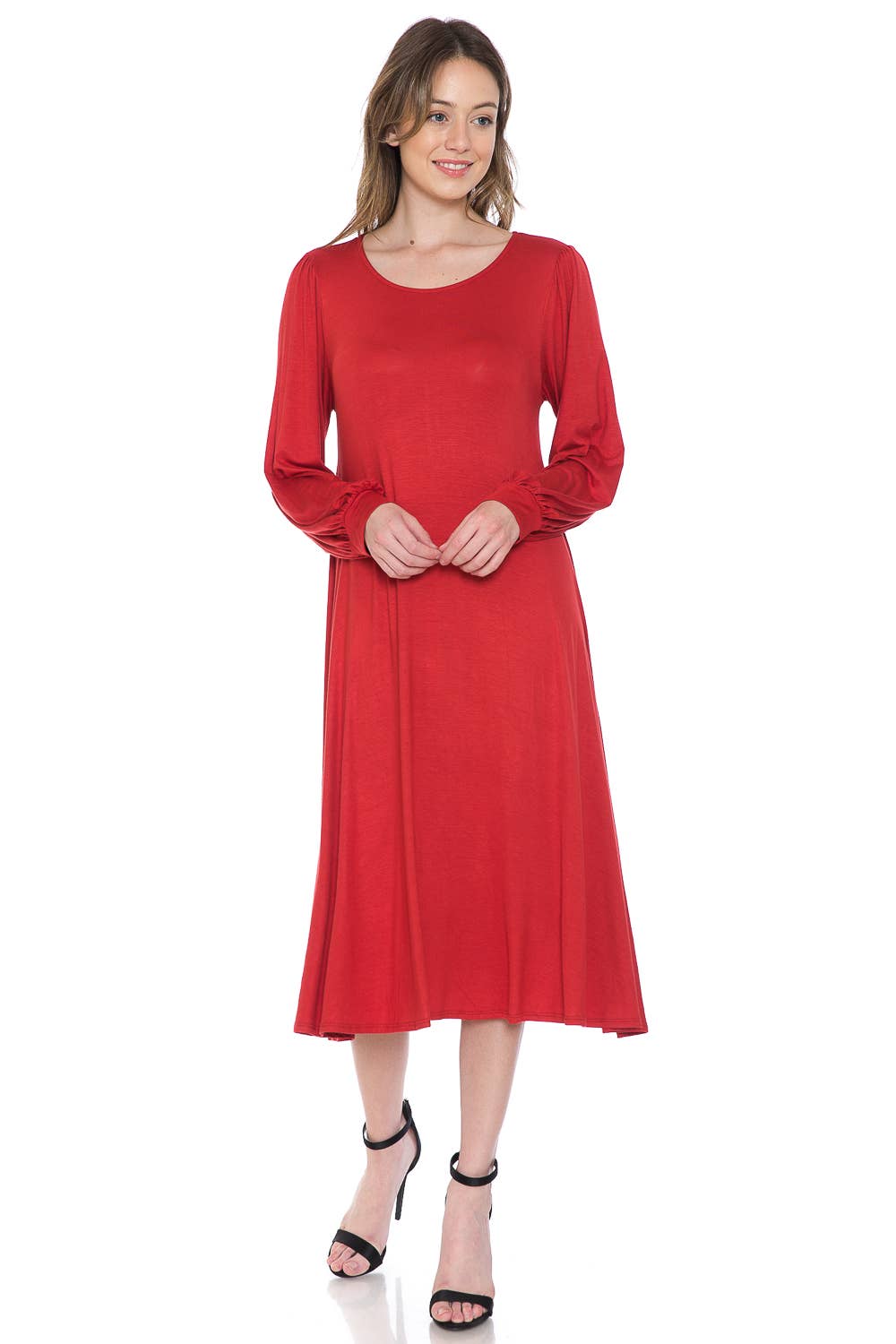 Bishop Sleeve Midi Dress: EGGPLANT / L