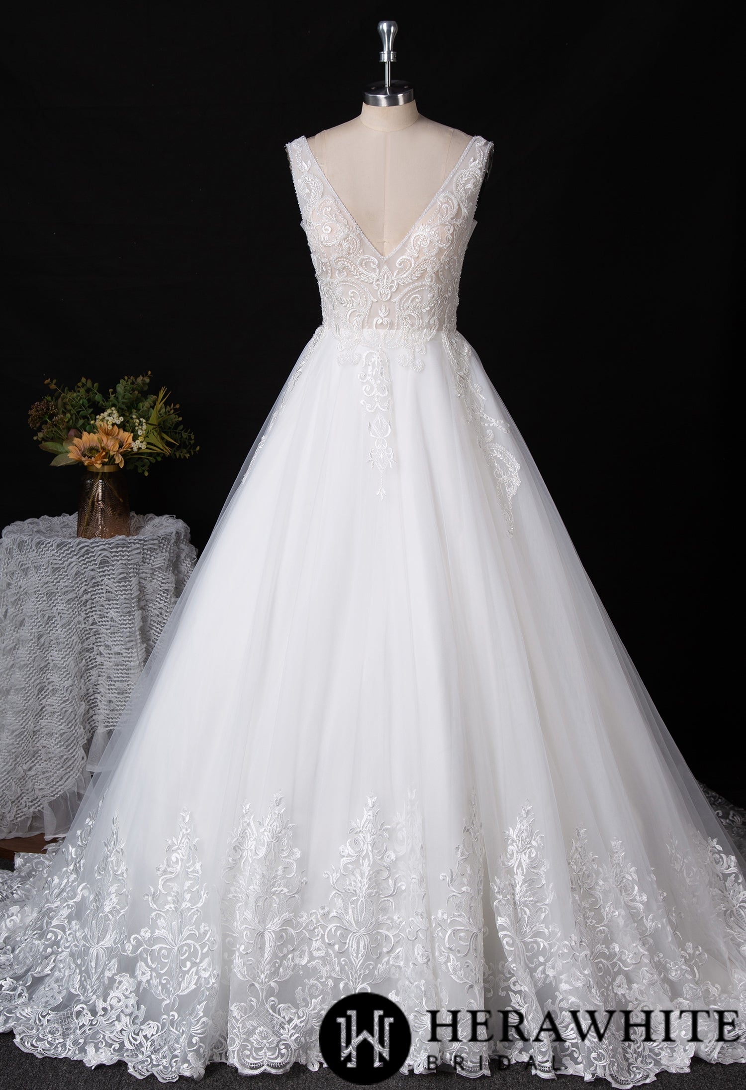 Plunging V-neckline Wedding Dress With Long Train