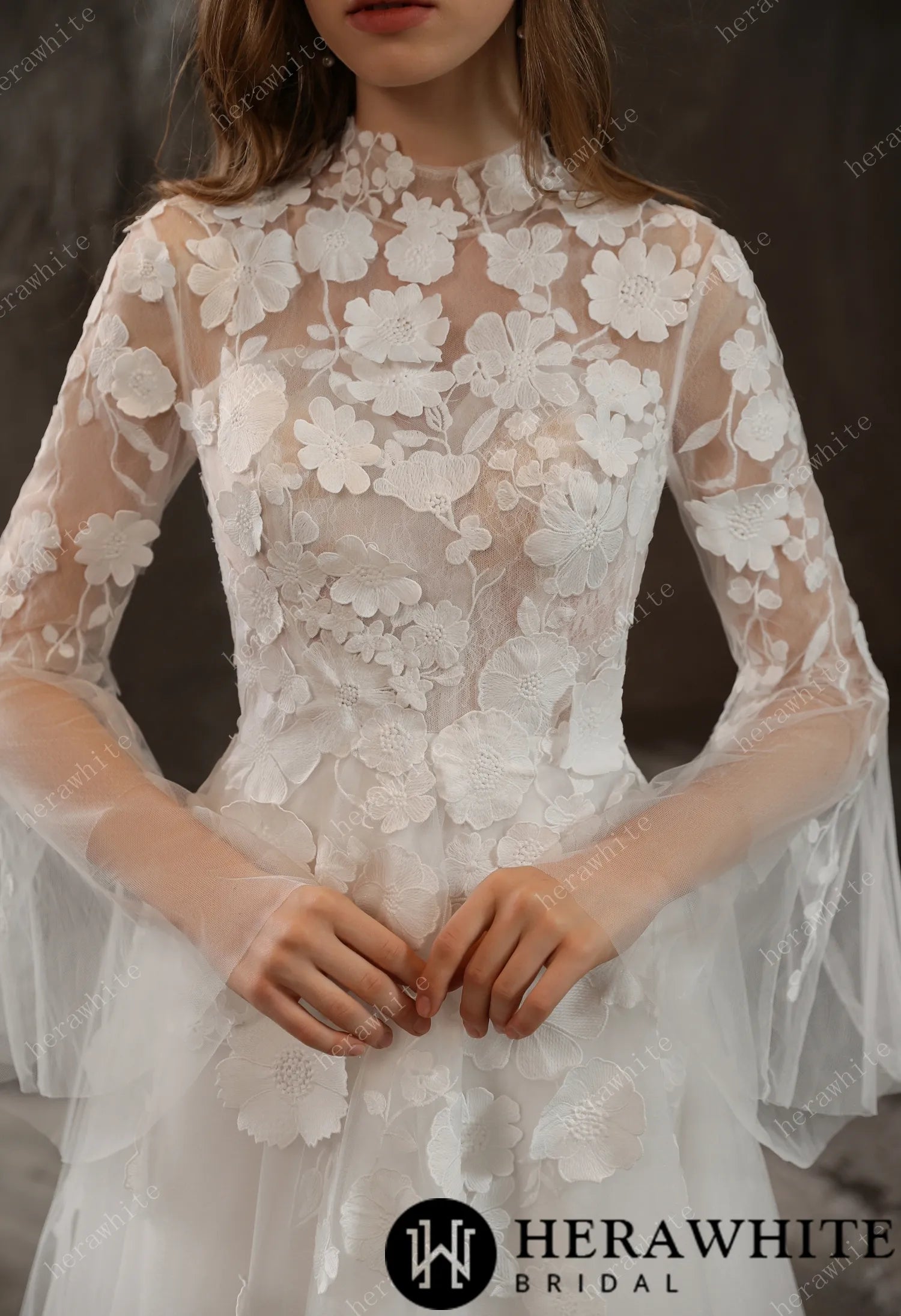 Illusion High Neck Bridal Gown with Lovely 3D Floral Lace