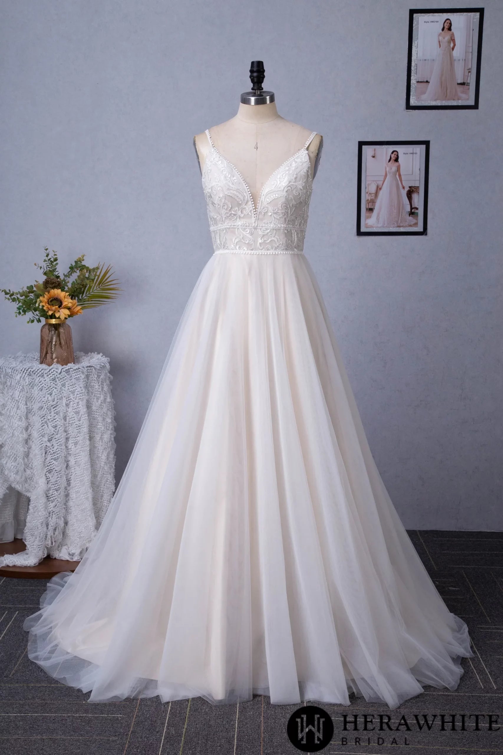 Champagne Romantic Spaghetti Straps A-Line Wedding Dress