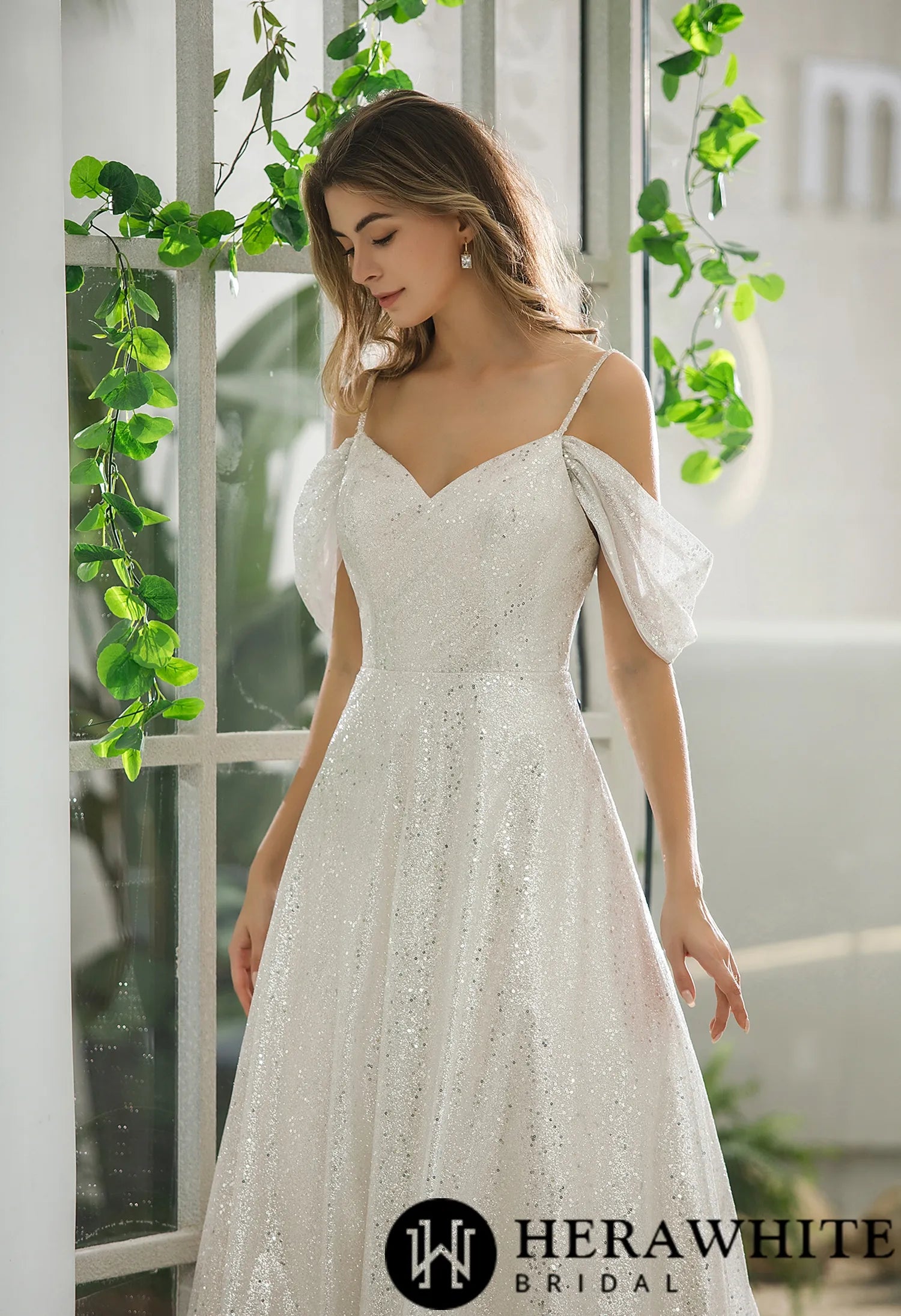 Shimmery Sequined Off-the-shoulder A-line Bridal Gown