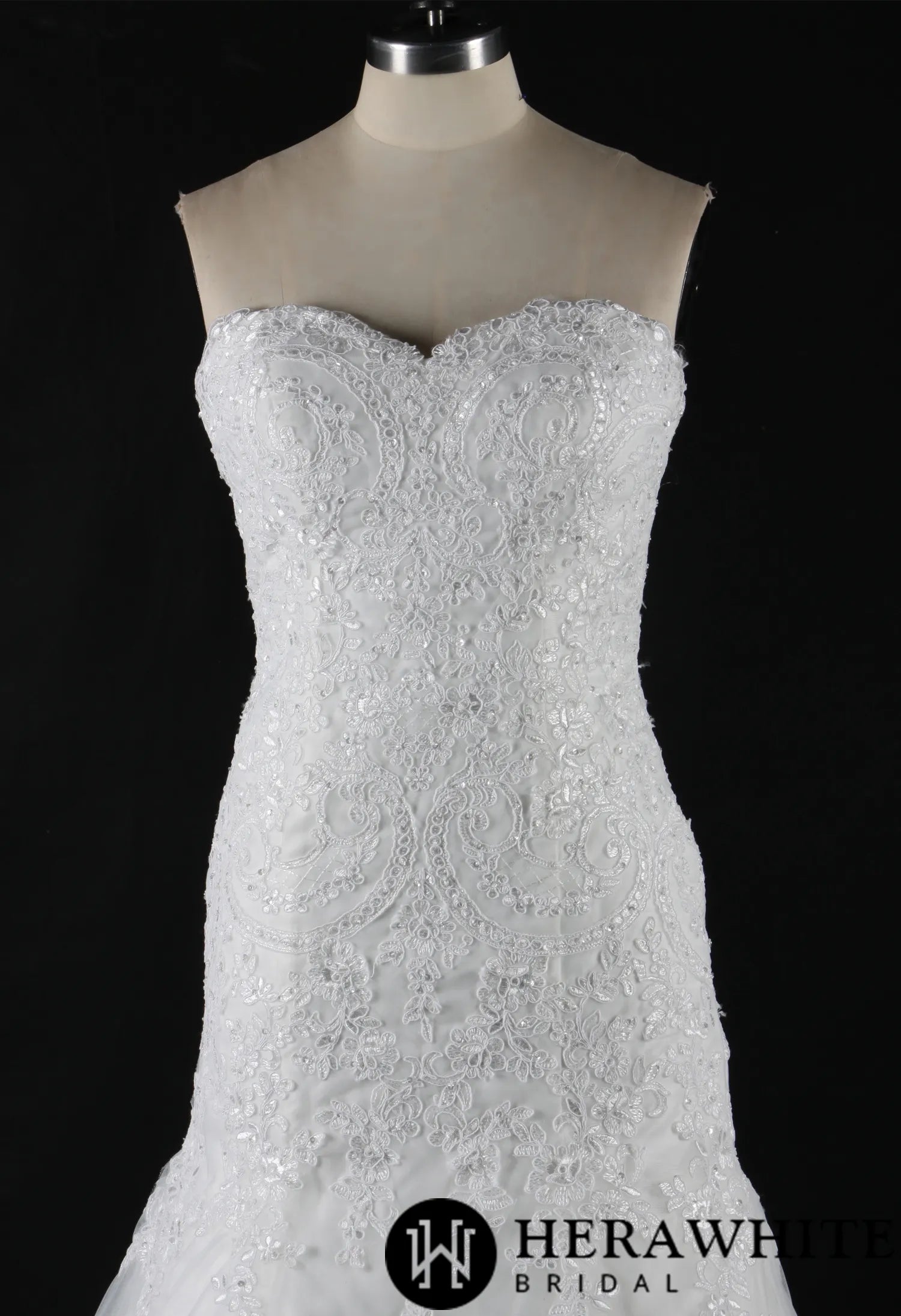 Strapless Sweetheart Lace Fit And Flare Wedding Dress With Sweep Train