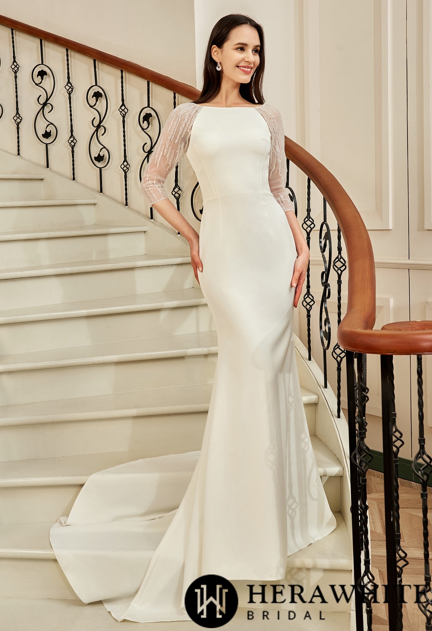 Bateau Neckline Long Train Crepe Bridal Gown With Beaded Illusion Back