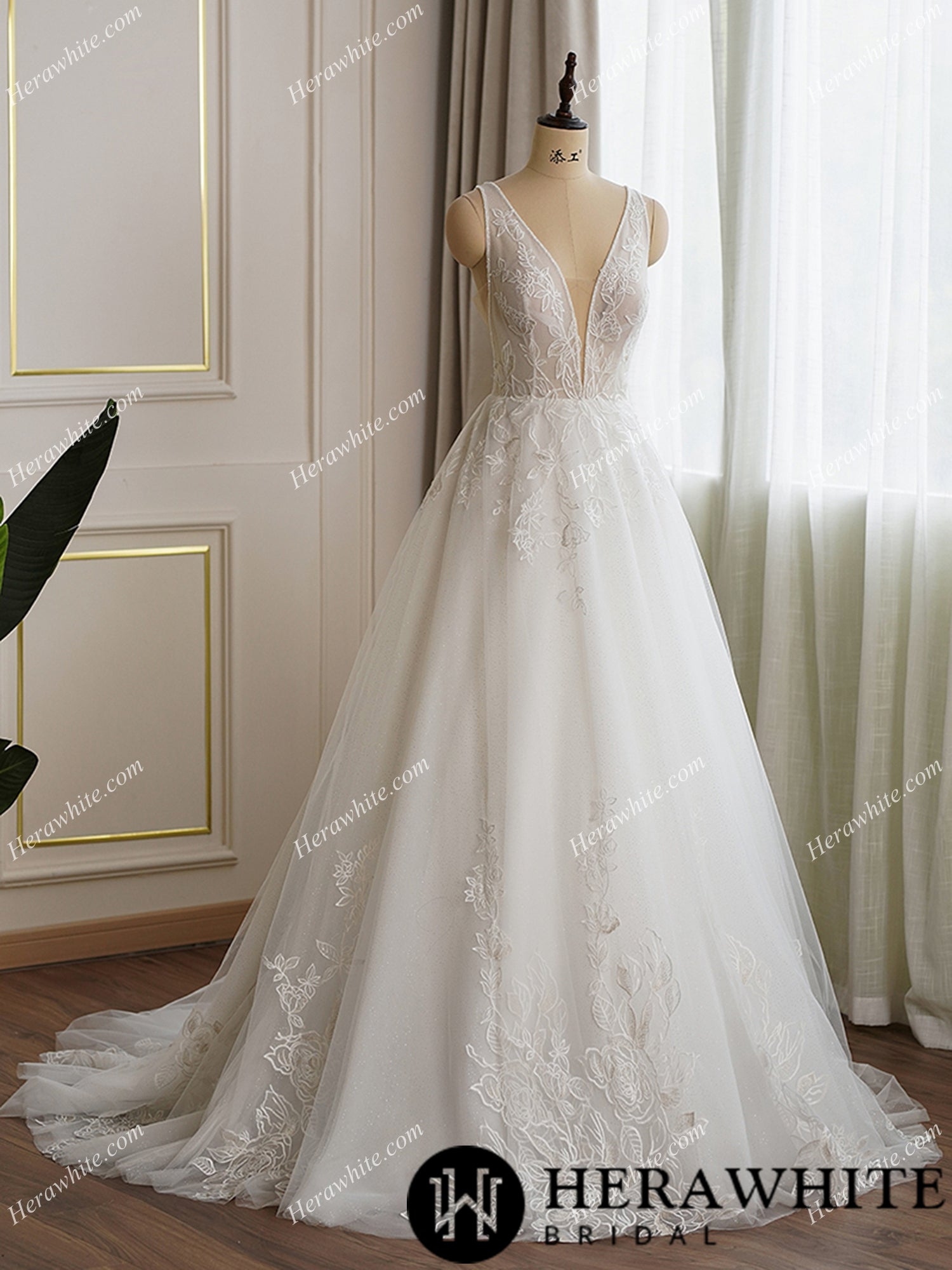 Plunging V Neckline Lace Ball Gown Bridal Dress