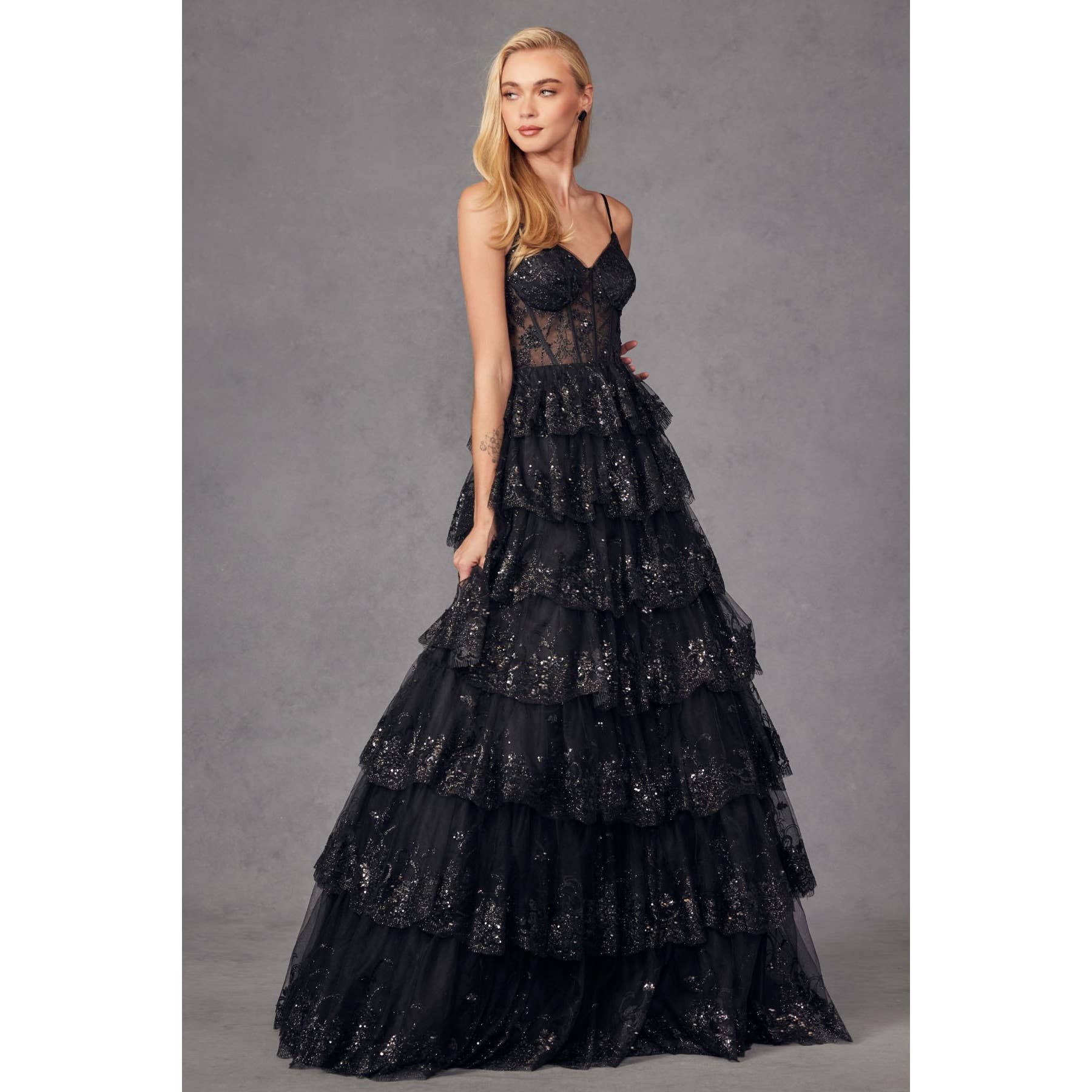 RUFFLE TULLE LACE SEQUIN BALL GOWN WITH SHEER CORSET BODICE