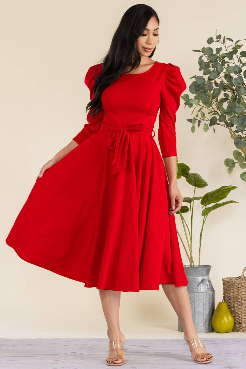 HH698R-LS-S- Puff 3/4 Sleeve Midi Cocktail Dress