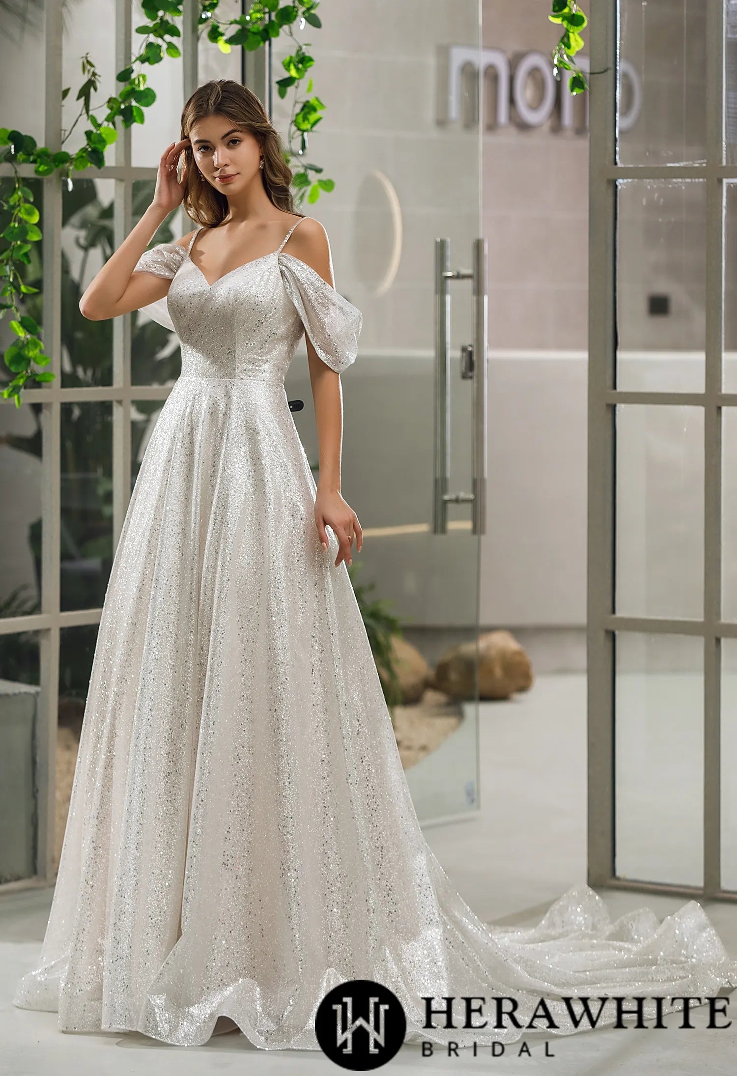 Shimmery Sequined Off-the-shoulder A-line Bridal Gown