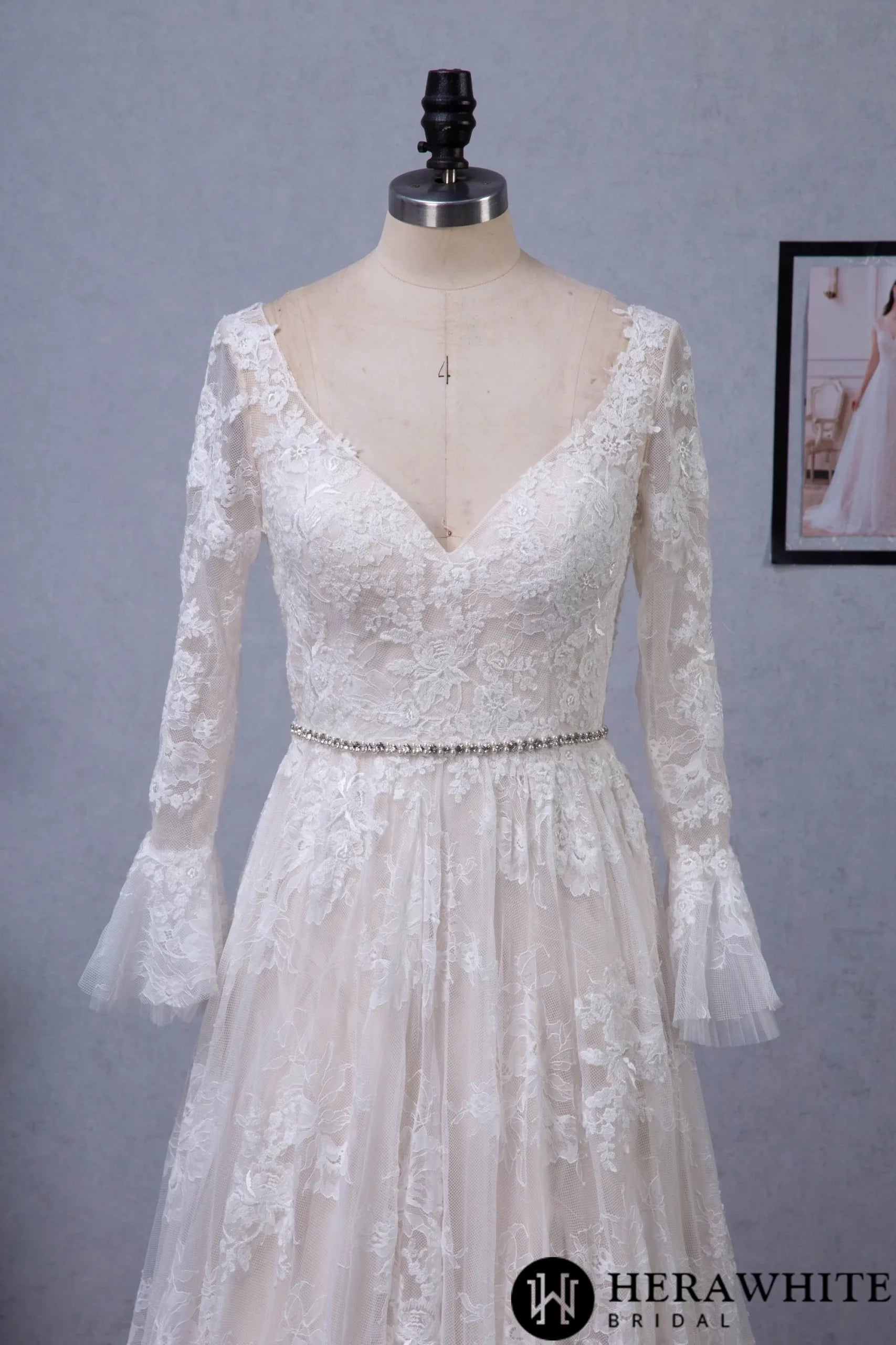 A-Line V-neck Chapel Train Lace Wedding Dress With Flare Long Sleeve