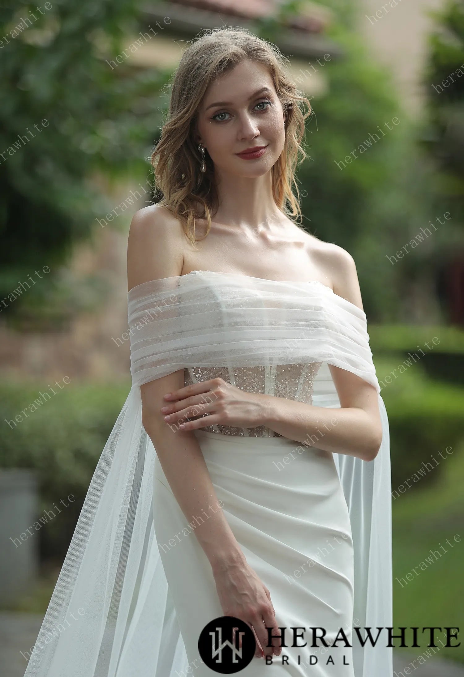 Plunging V-neck Beaded Crepe Fit And Flare Wedding Dress
