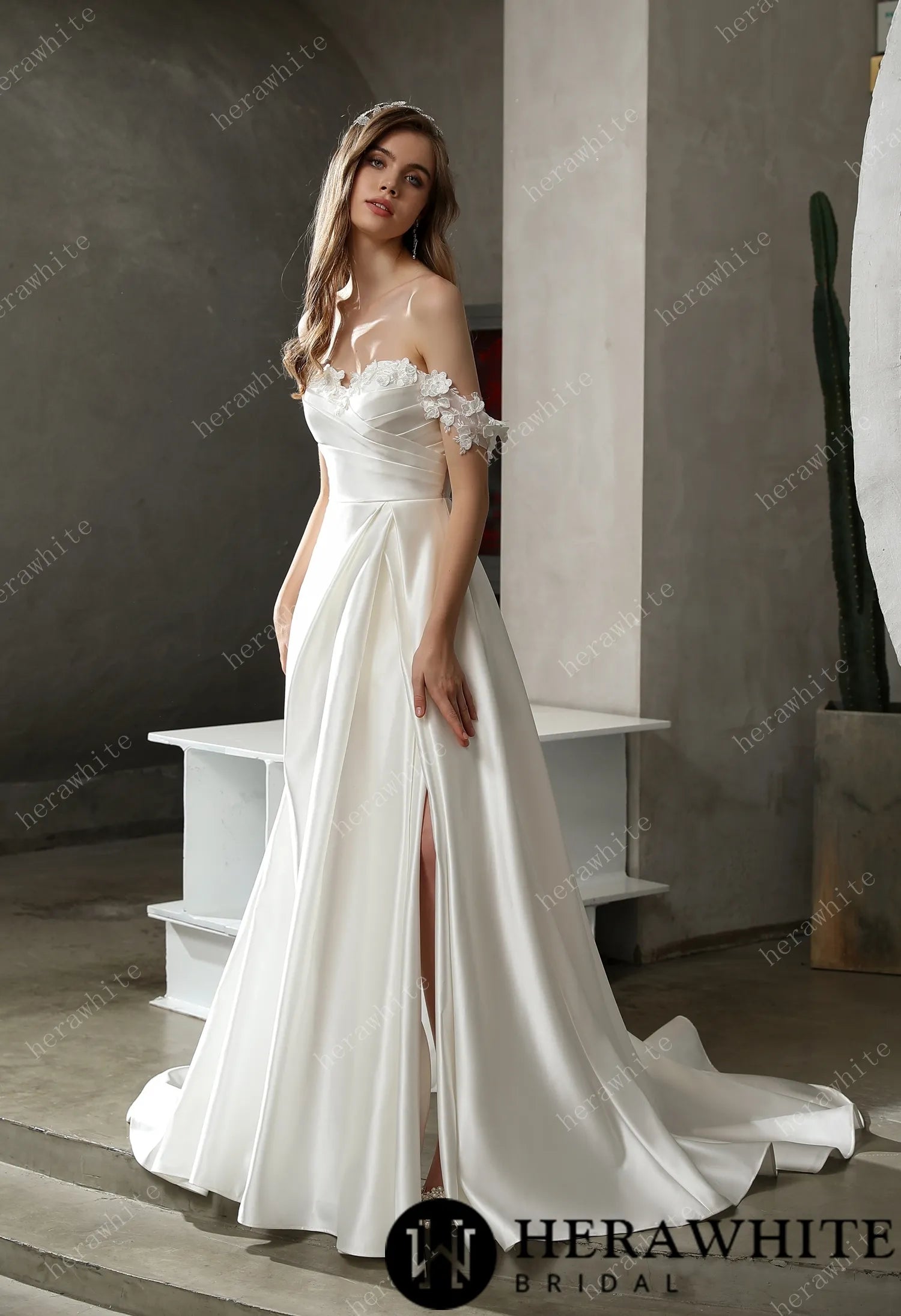 Satin Off-the-shoulder A-line Bridal Gown with Slit Skirt