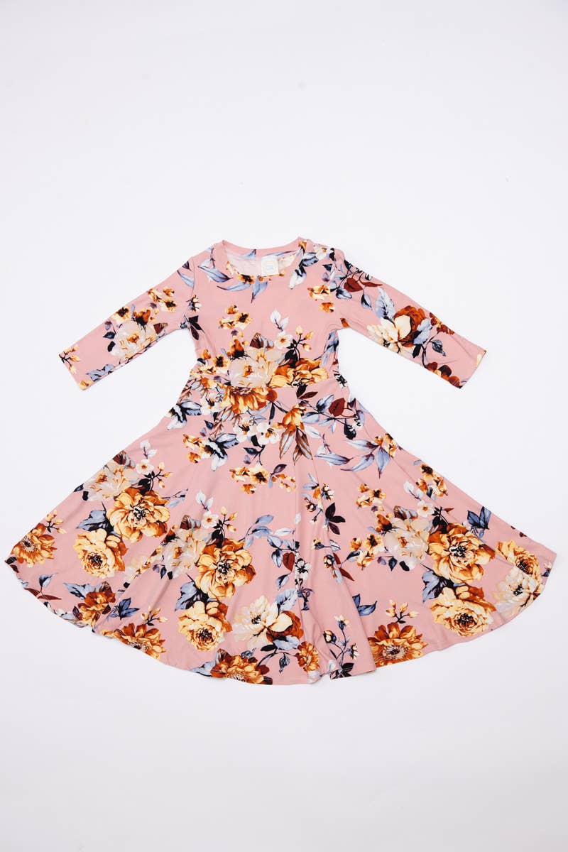 Girl's Princess Seam A-Line Dress with Full Skirt: MUSTARD FLORAL / S (5/6Y)