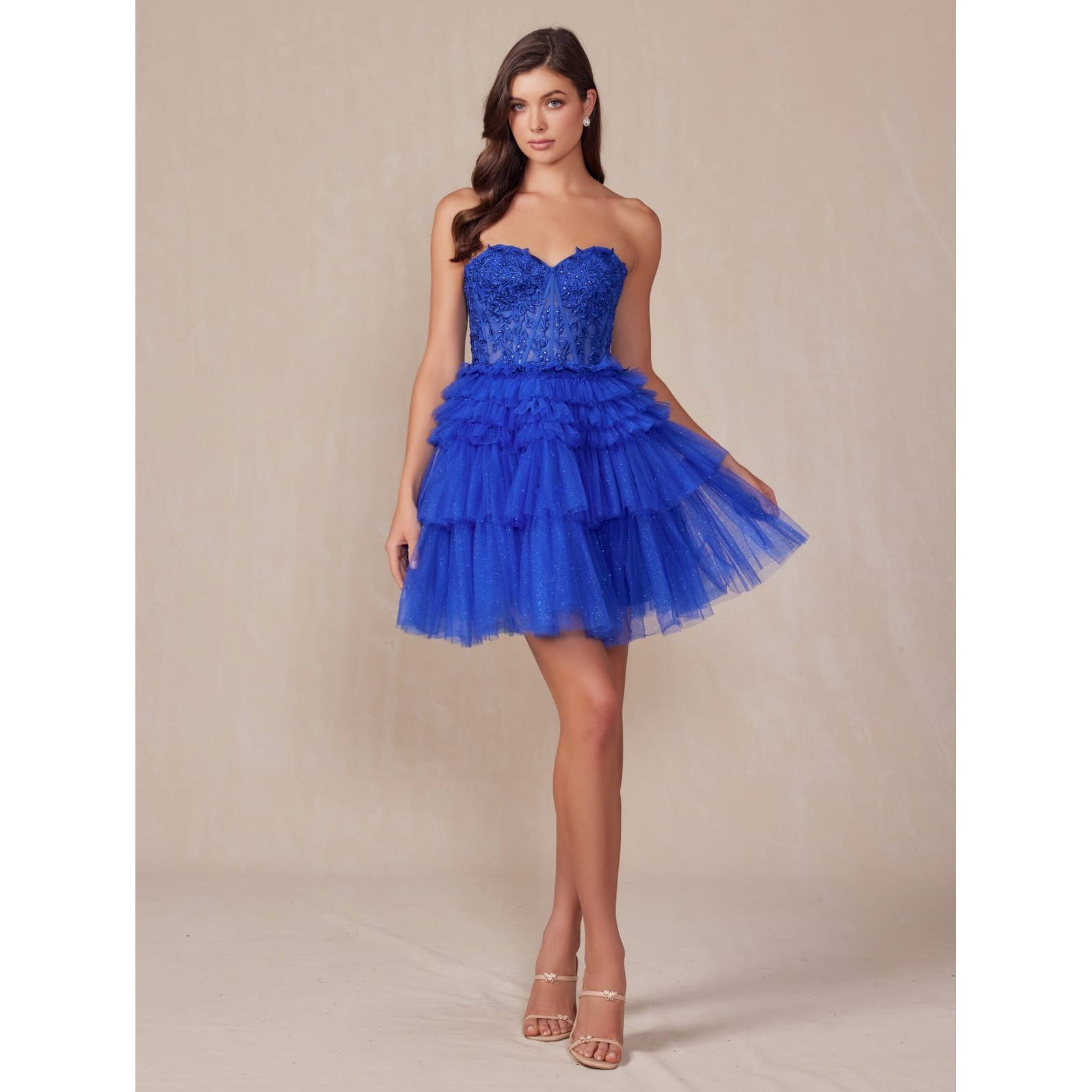 STRAPLESS COCKTAIL GOWN WITH LEAF LACE CORSET BODICE AND RUF