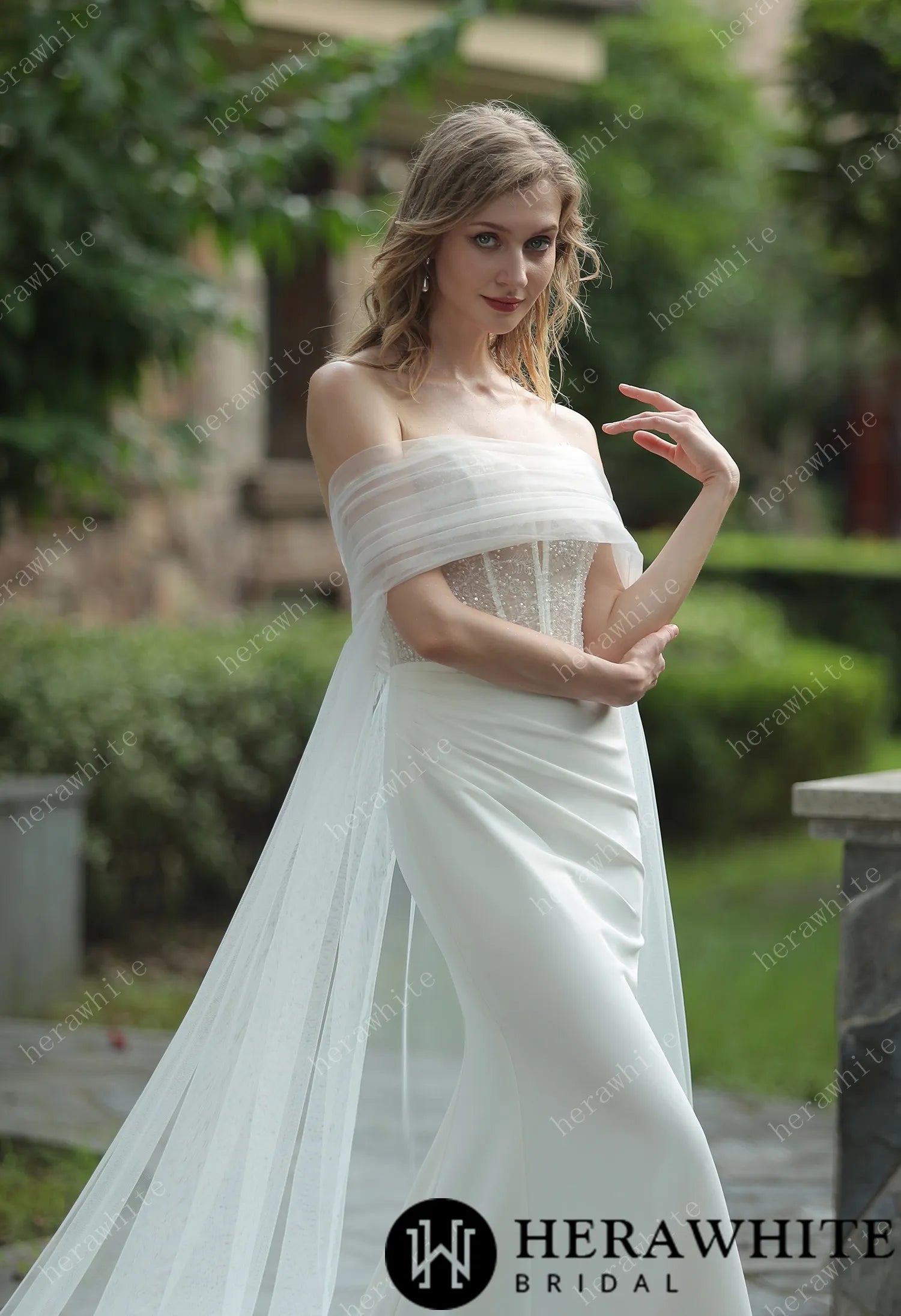Plunging V-neck Beaded Crepe Fit And Flare Wedding Dress