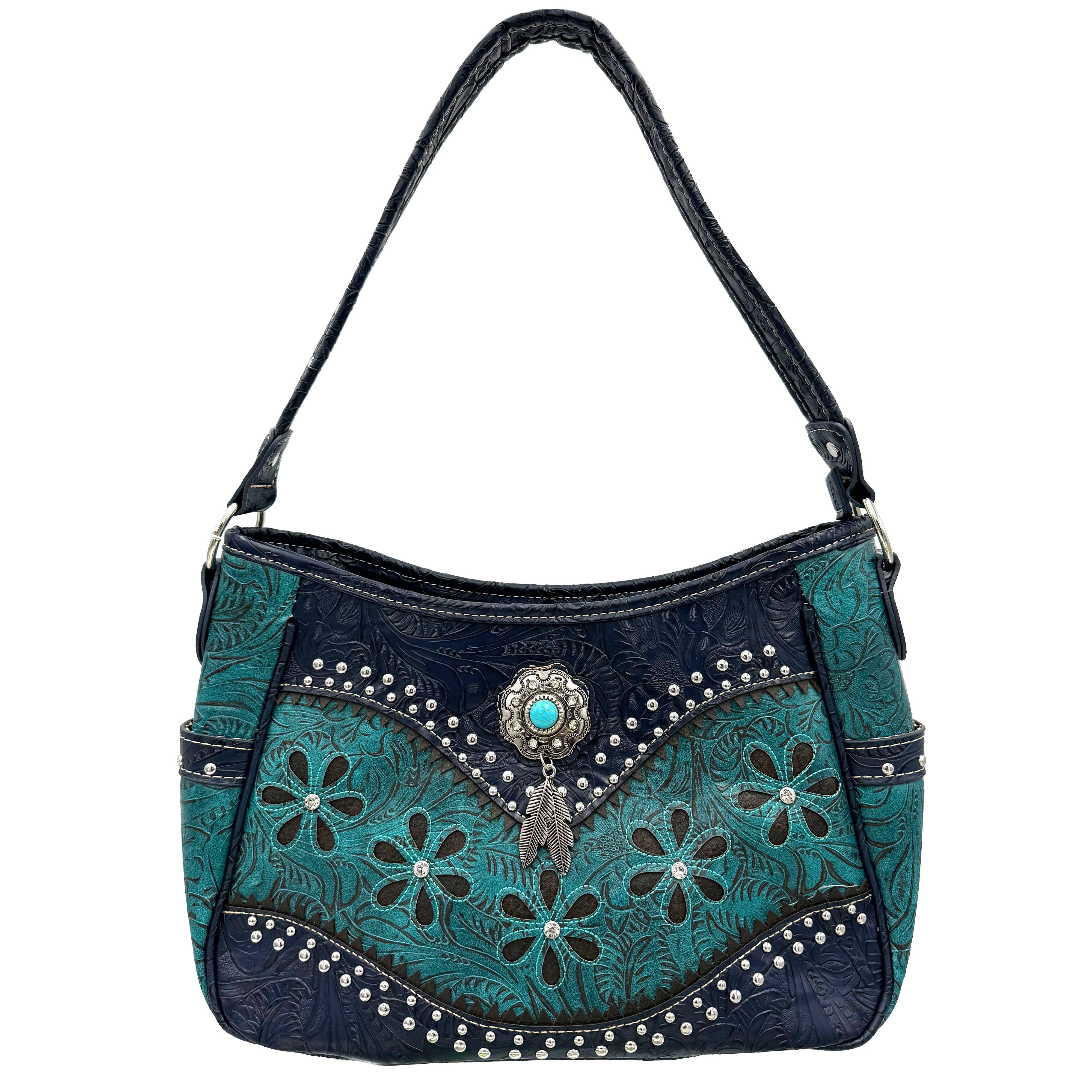 Bessie Turquoise Concho Feather Western Handbag Hobo Bag