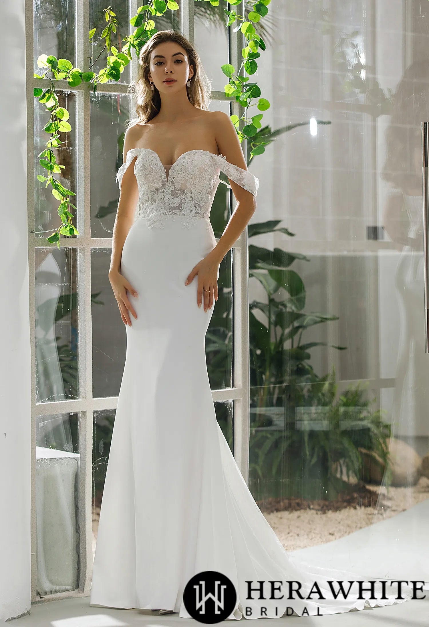 Fit And Flare Crepe Bridal Gown With Off-shoulder Straps