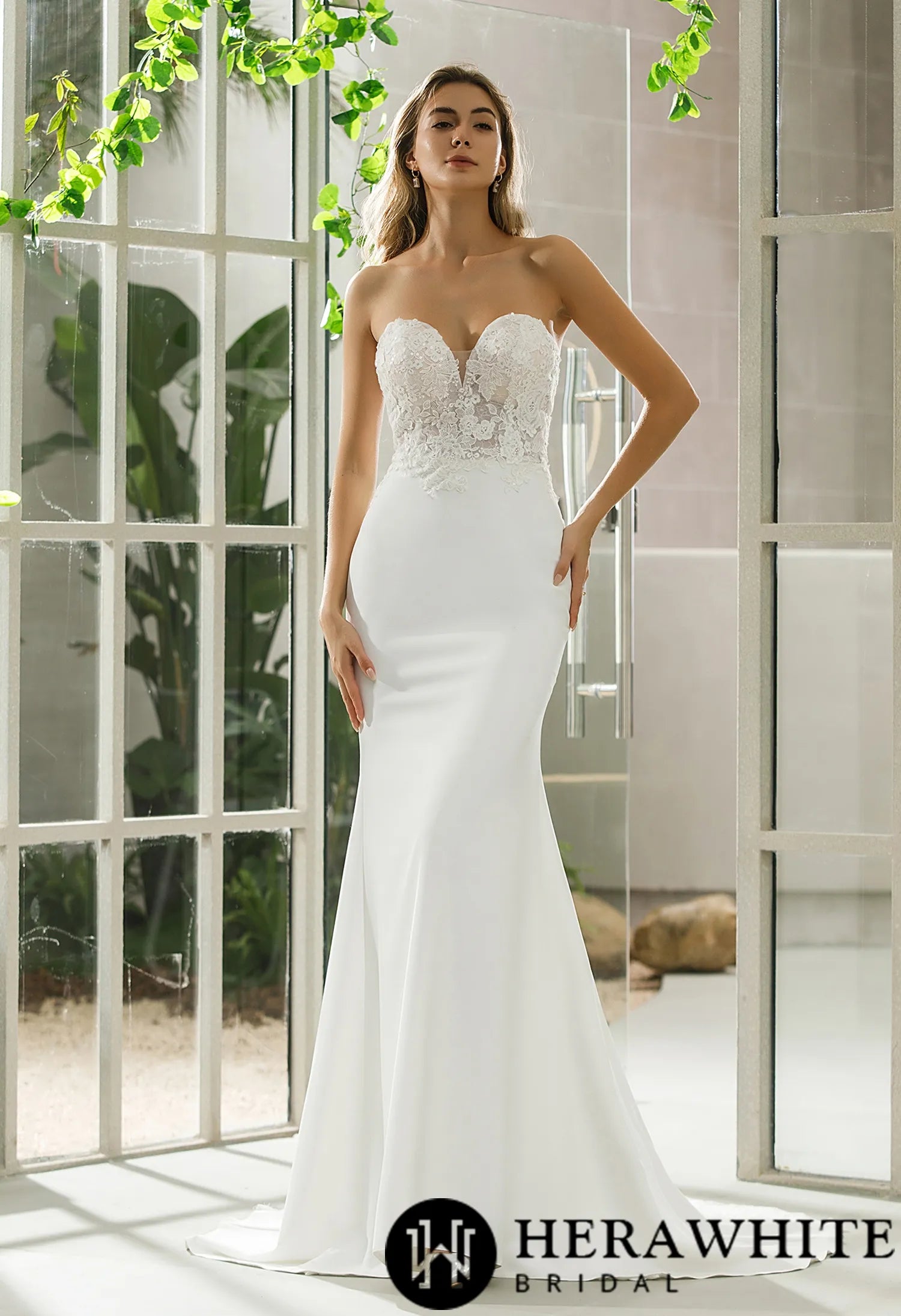 Fit And Flare Crepe Bridal Gown With Off-shoulder Straps