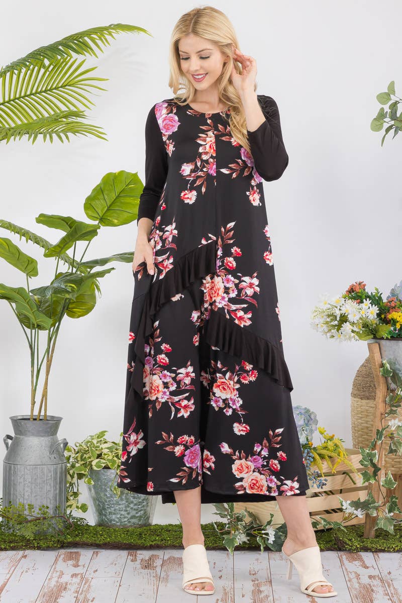 FLORAL CONTRAST MID-DRESS WITH RUFFLE DETAILS -CD43841C