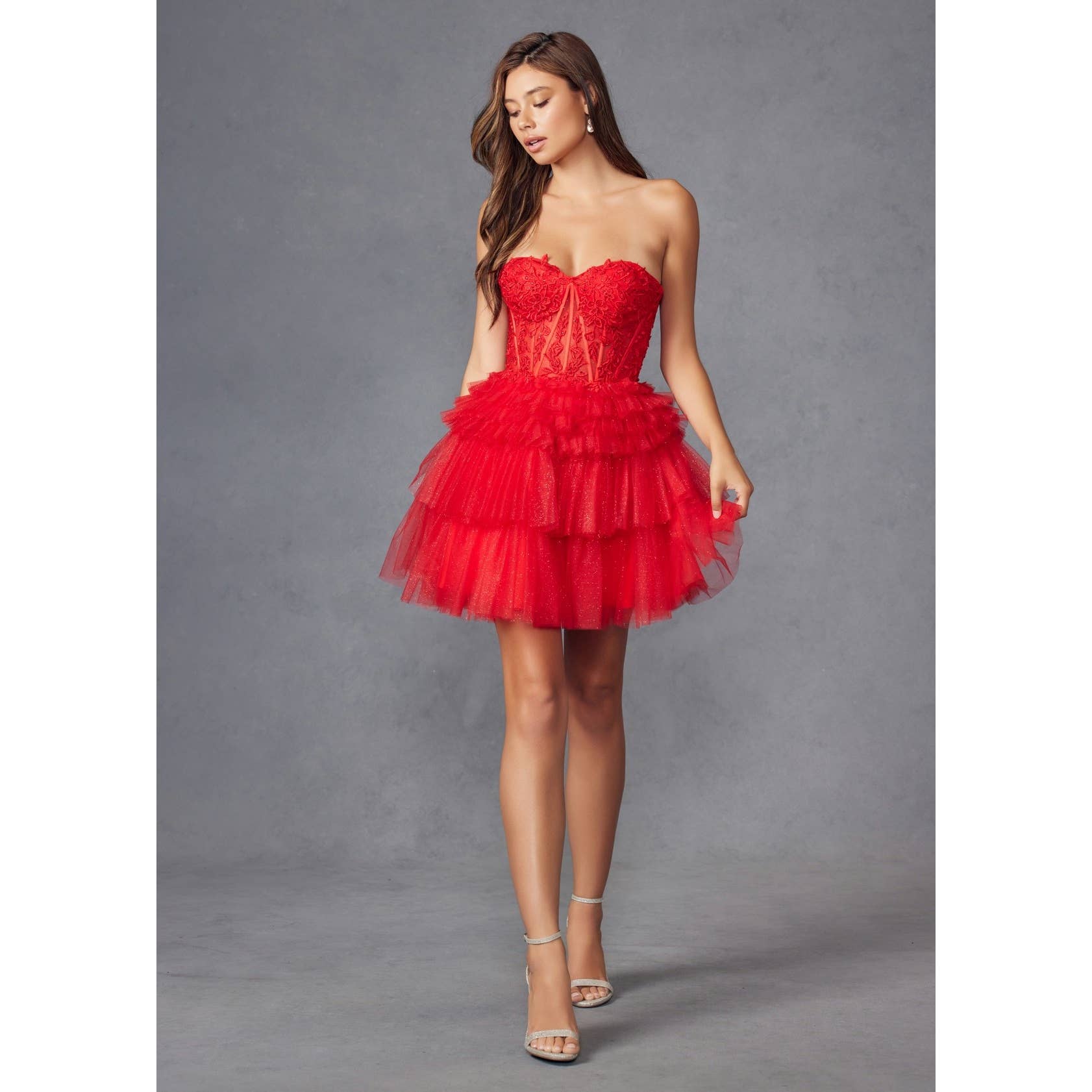 STRAPLESS COCKTAIL GOWN WITH LEAF LACE CORSET BODICE AND RUF