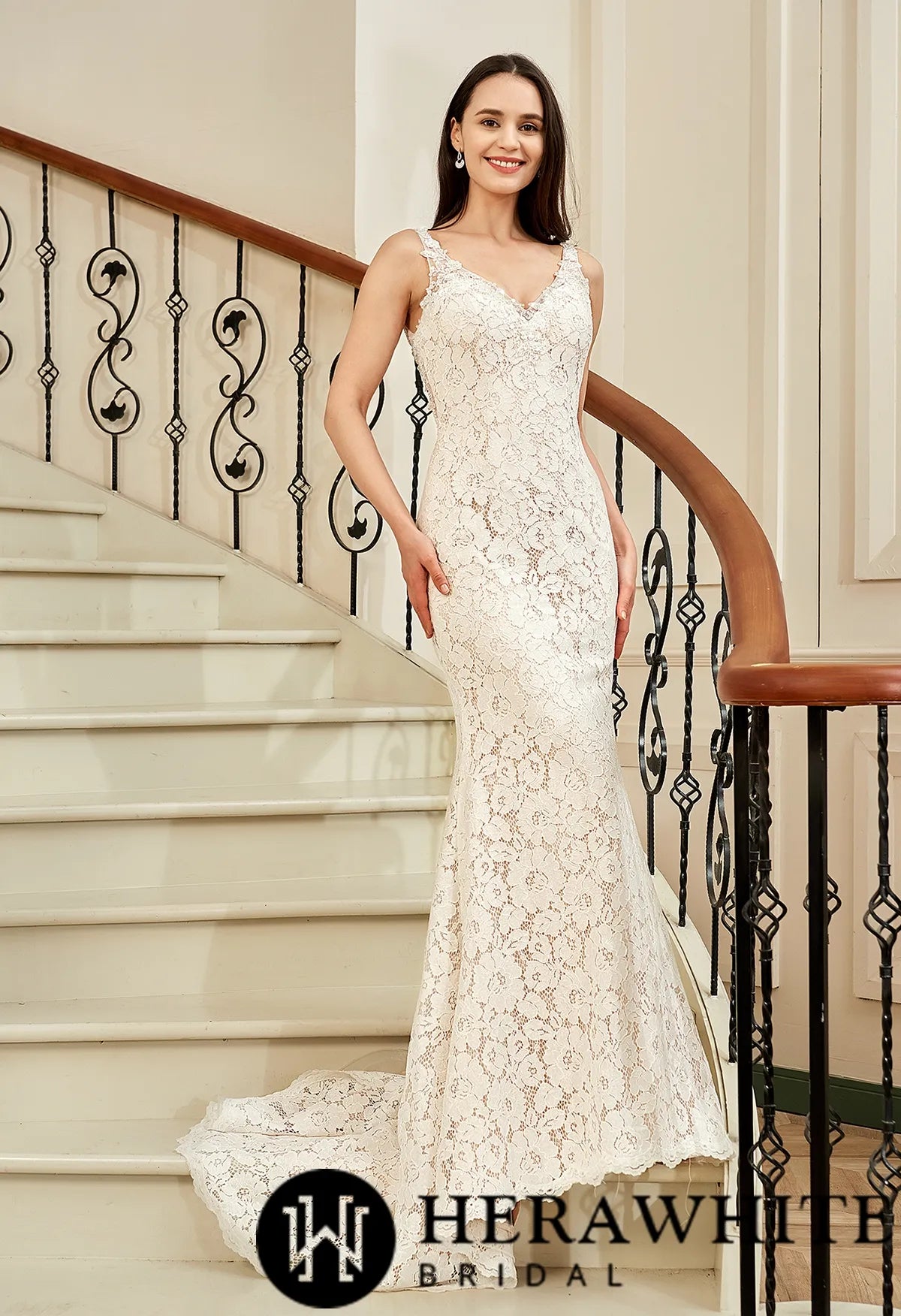 Fit and Flare V-neck Chapel Train Allover Lace Wedding Dress