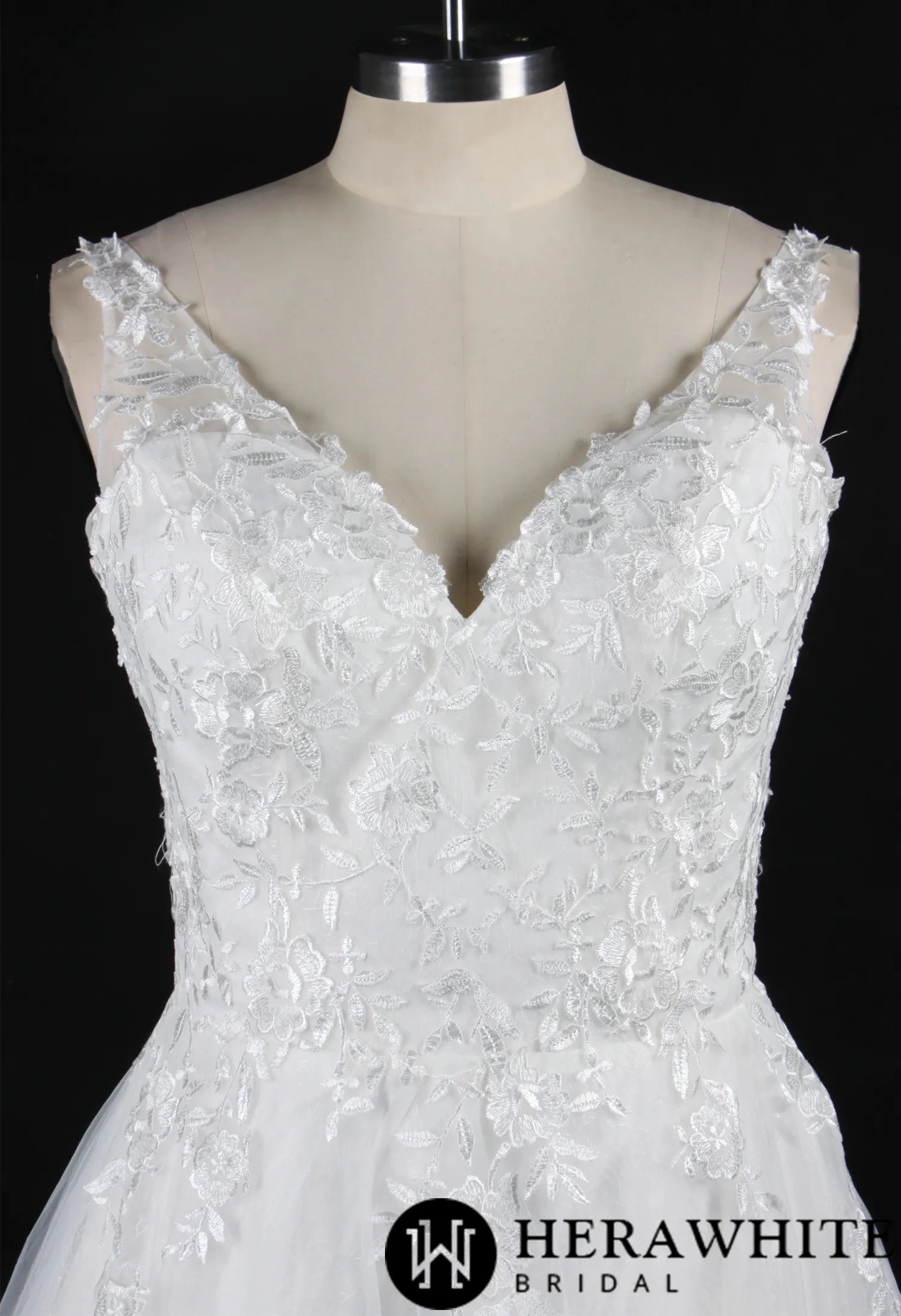 Embroidered Tulle Wedding Dress With A-Line Silhouette and V-Neck