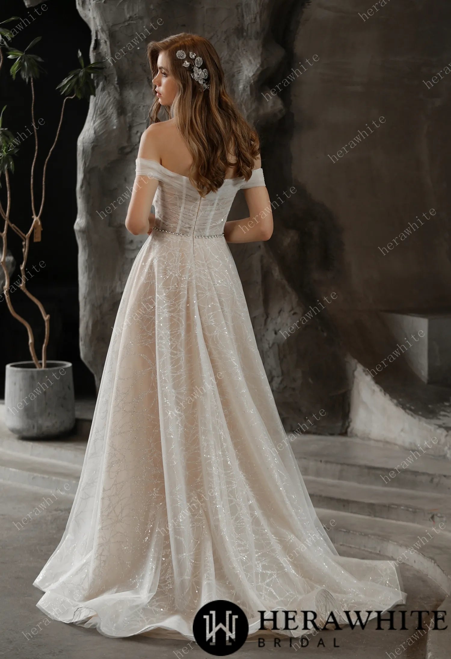 Shimmer Off-the-shoulder Neckline A-line Tulle Wedding Dress