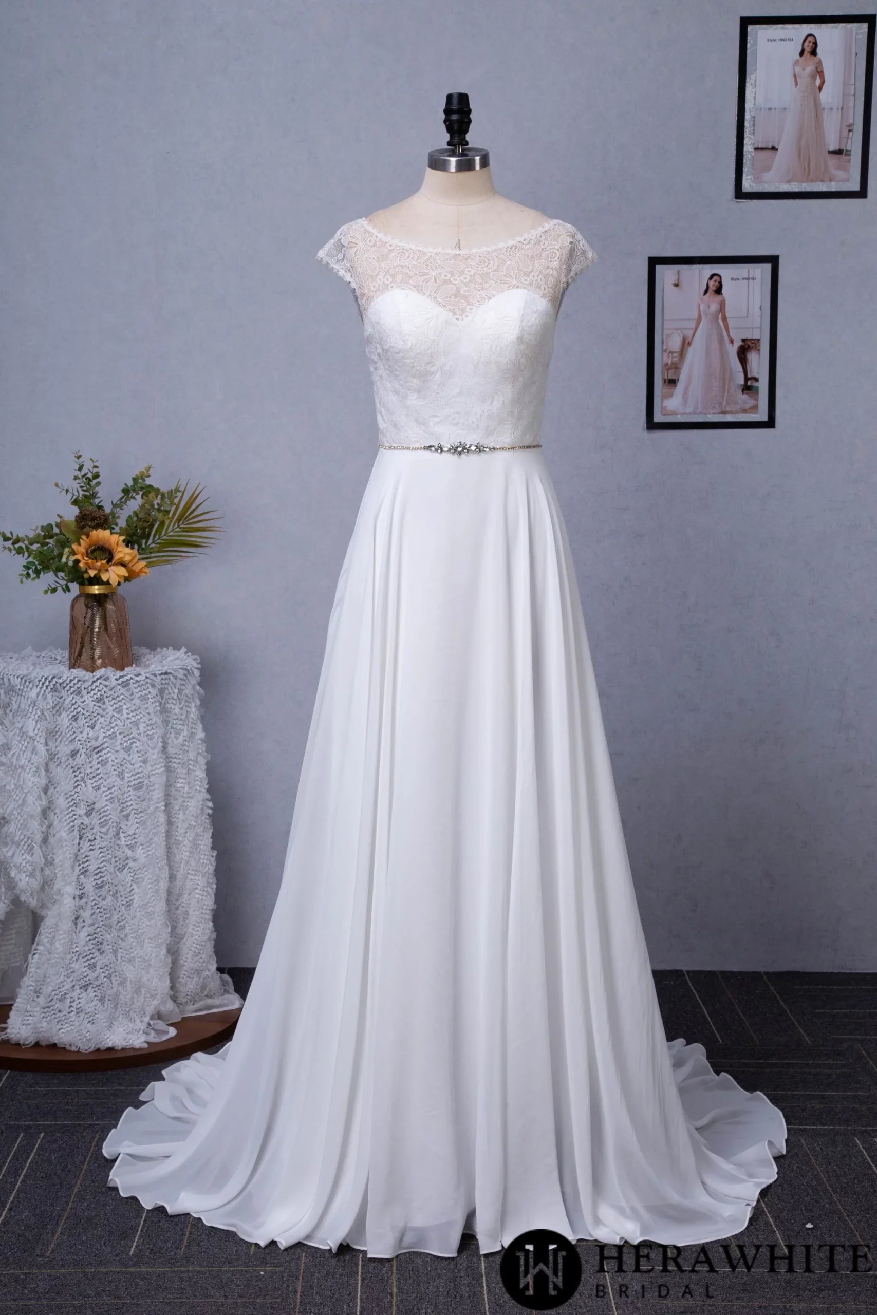 Cap Sleeve Chiffon A-Line Wedding Dress With Detachable Train
