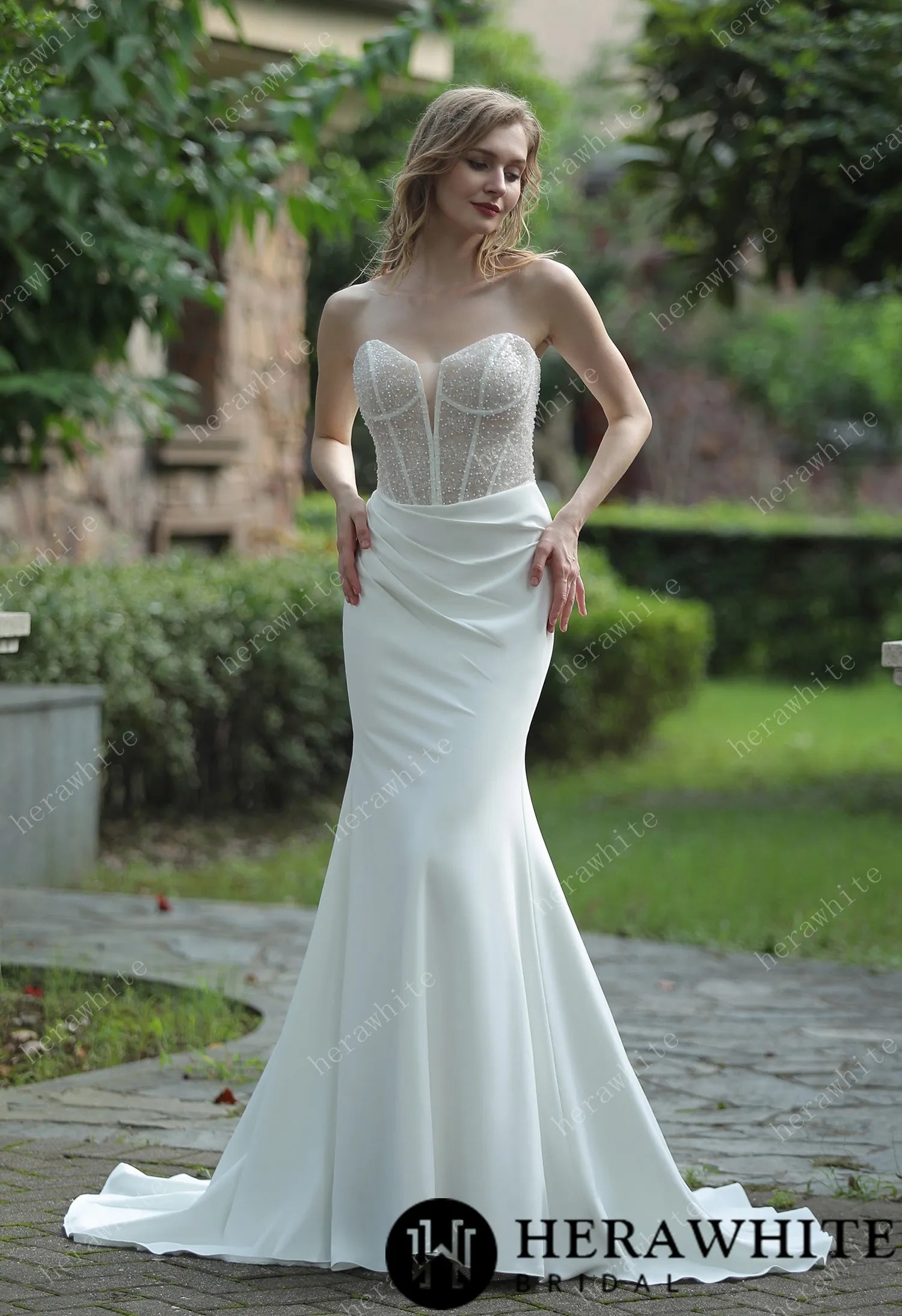 Plunging V-neck Beaded Crepe Fit And Flare Wedding Dress