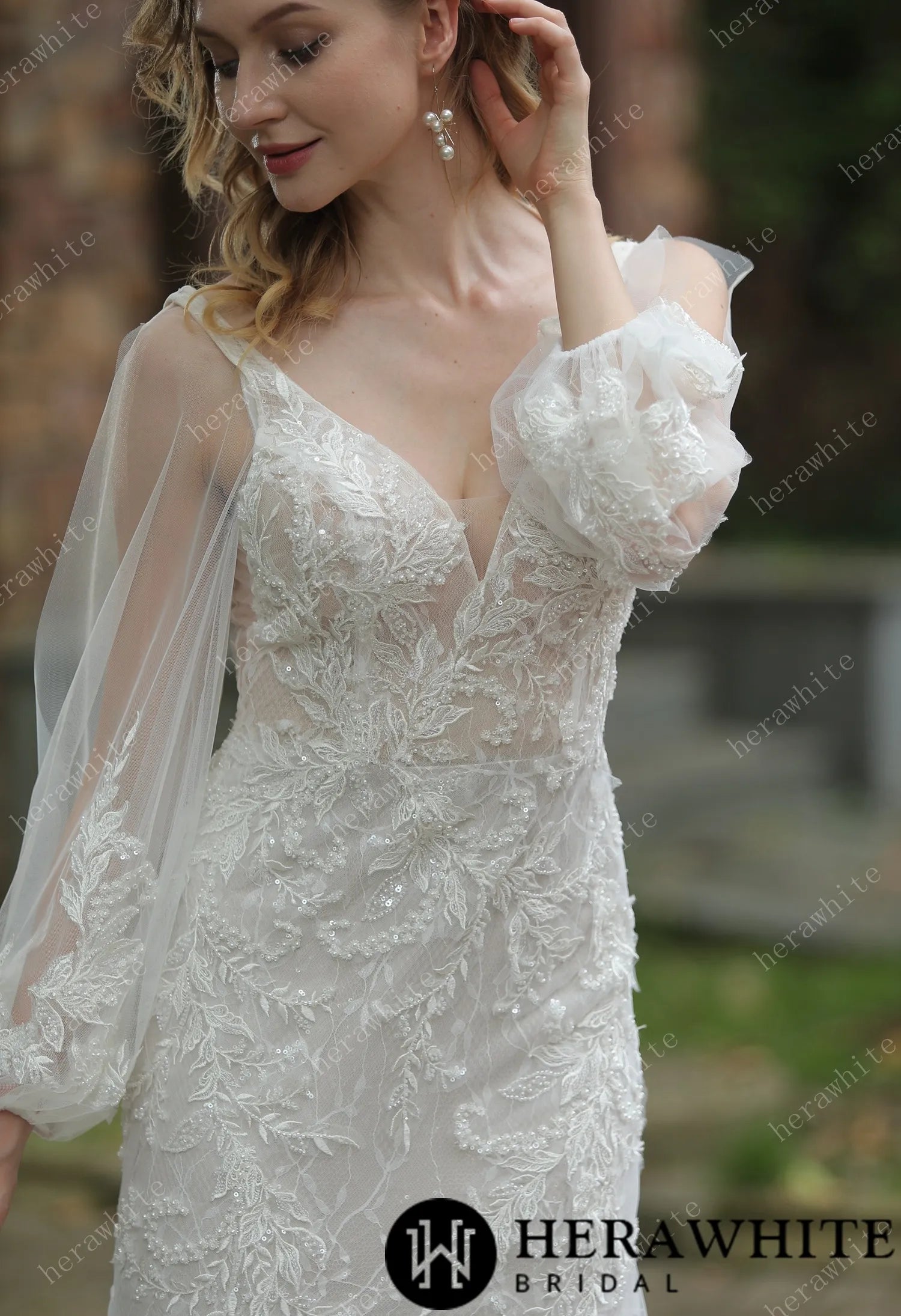 Classic V-Neck Allover Lace Fit And Flare Wedding Dress