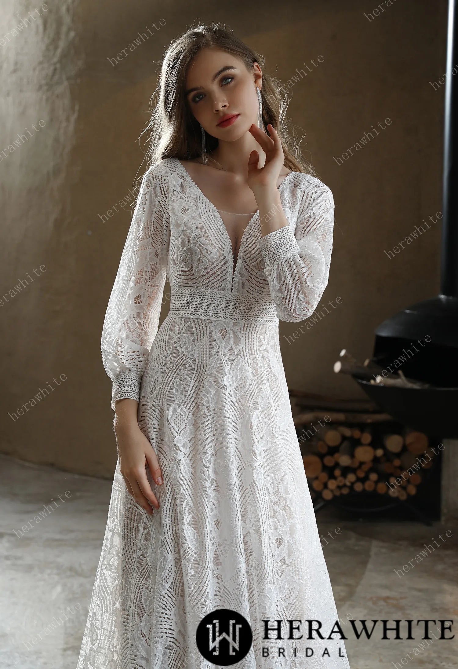 Unique Plunging V-neck Lace Bohemian wedding gown