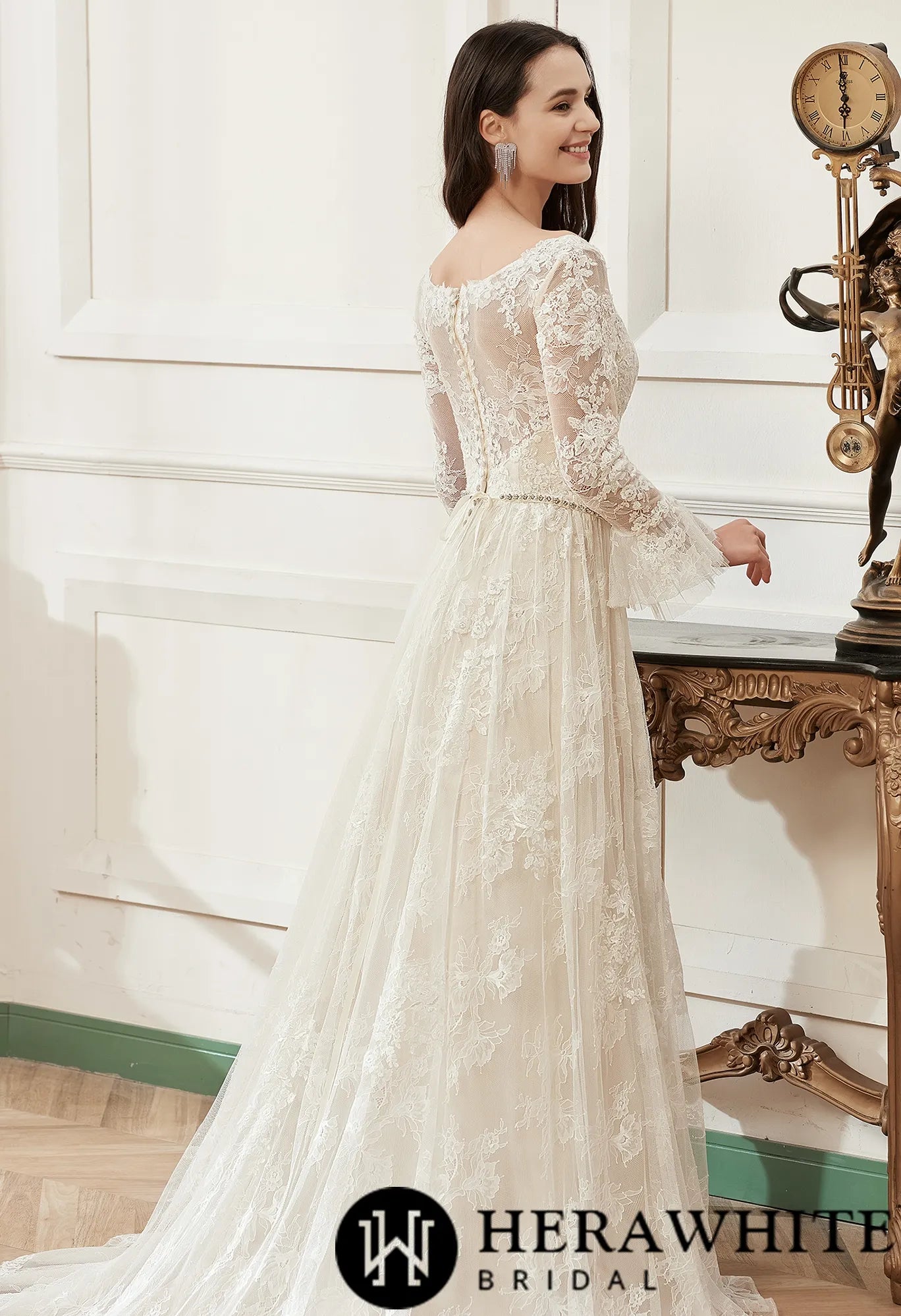 A-Line V-neck Chapel Train Lace Wedding Dress With Flare Long Sleeve