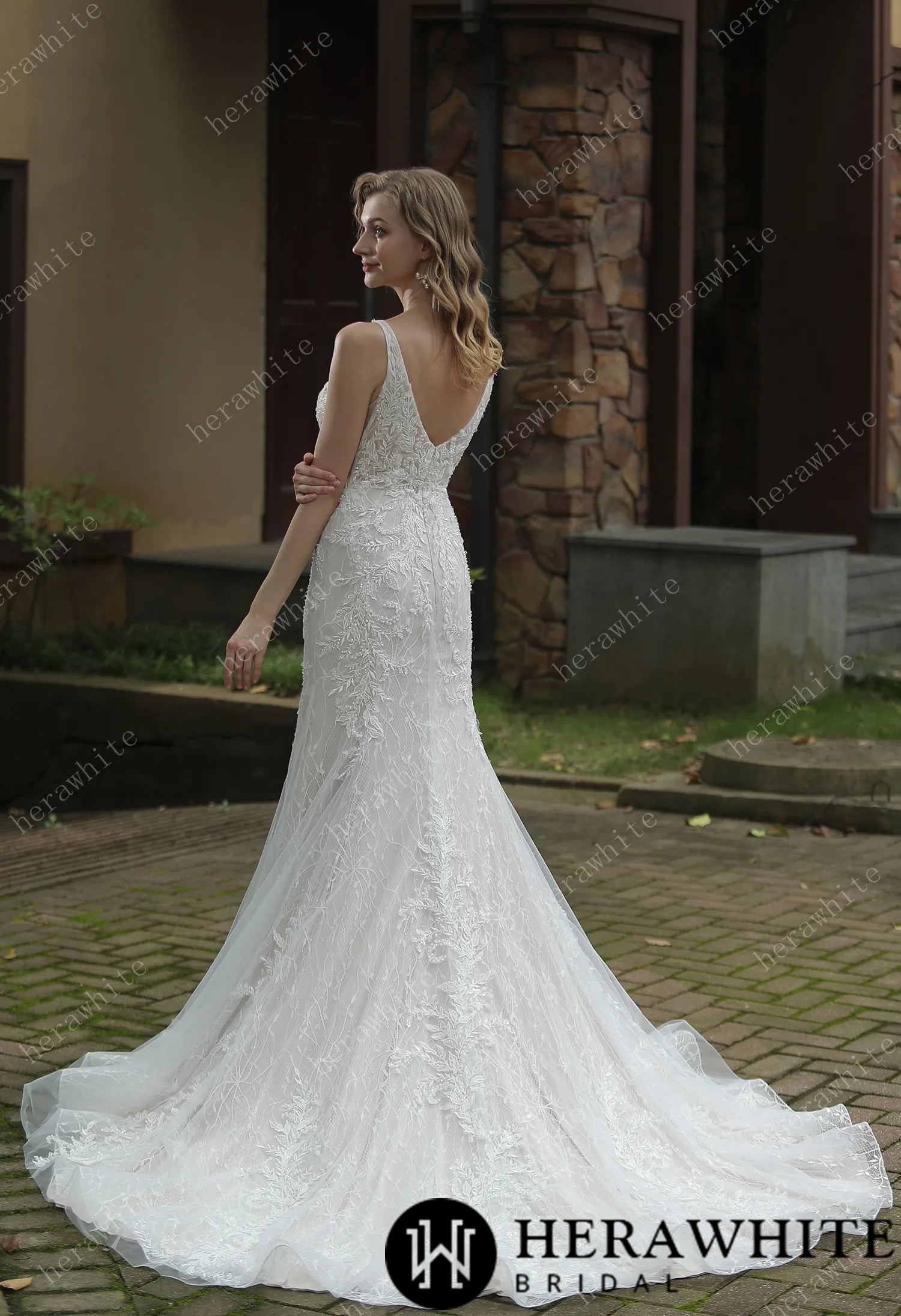 Classic V-Neck Allover Lace Fit And Flare Wedding Dress
