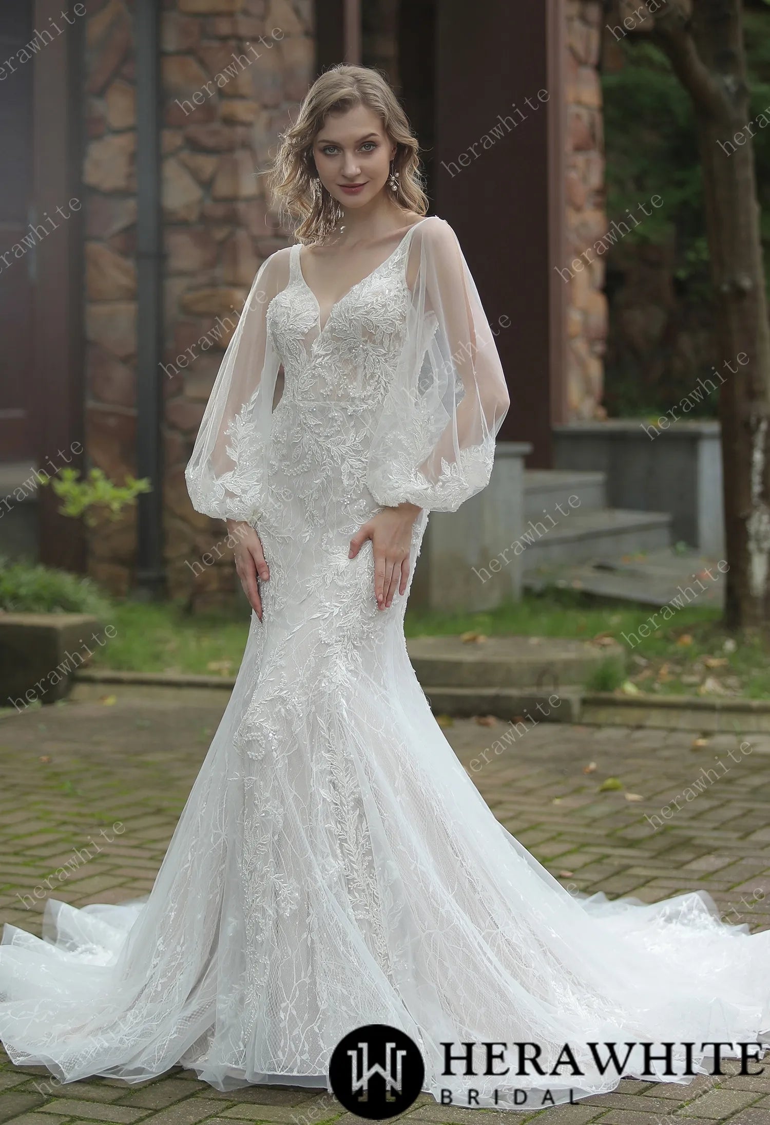 Classic V-Neck Allover Lace Fit And Flare Wedding Dress