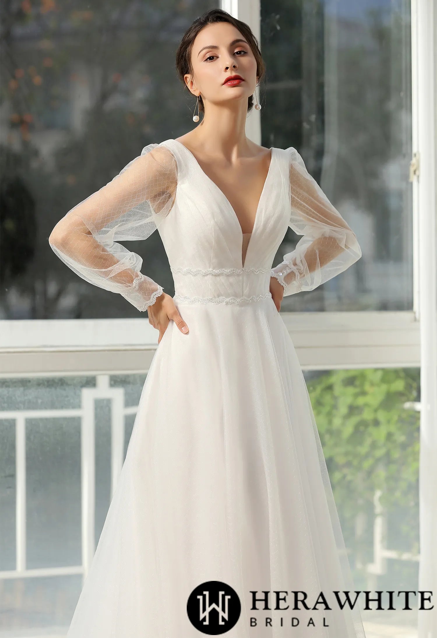 Bishop long Sleeve Ruched Illusion V-neckline Bridal Gown