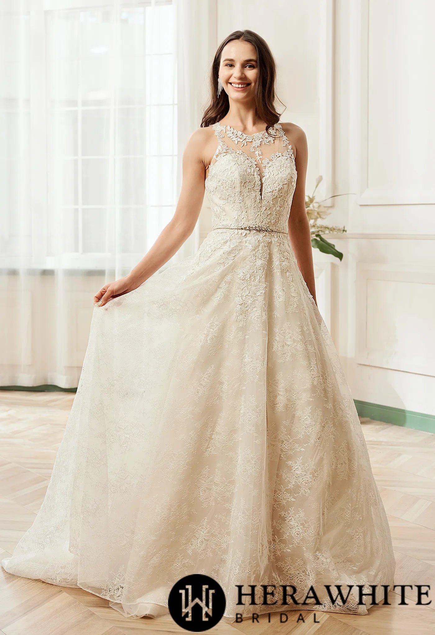 Illusion Halter Neckline Lace Tulle Bridal Gown
