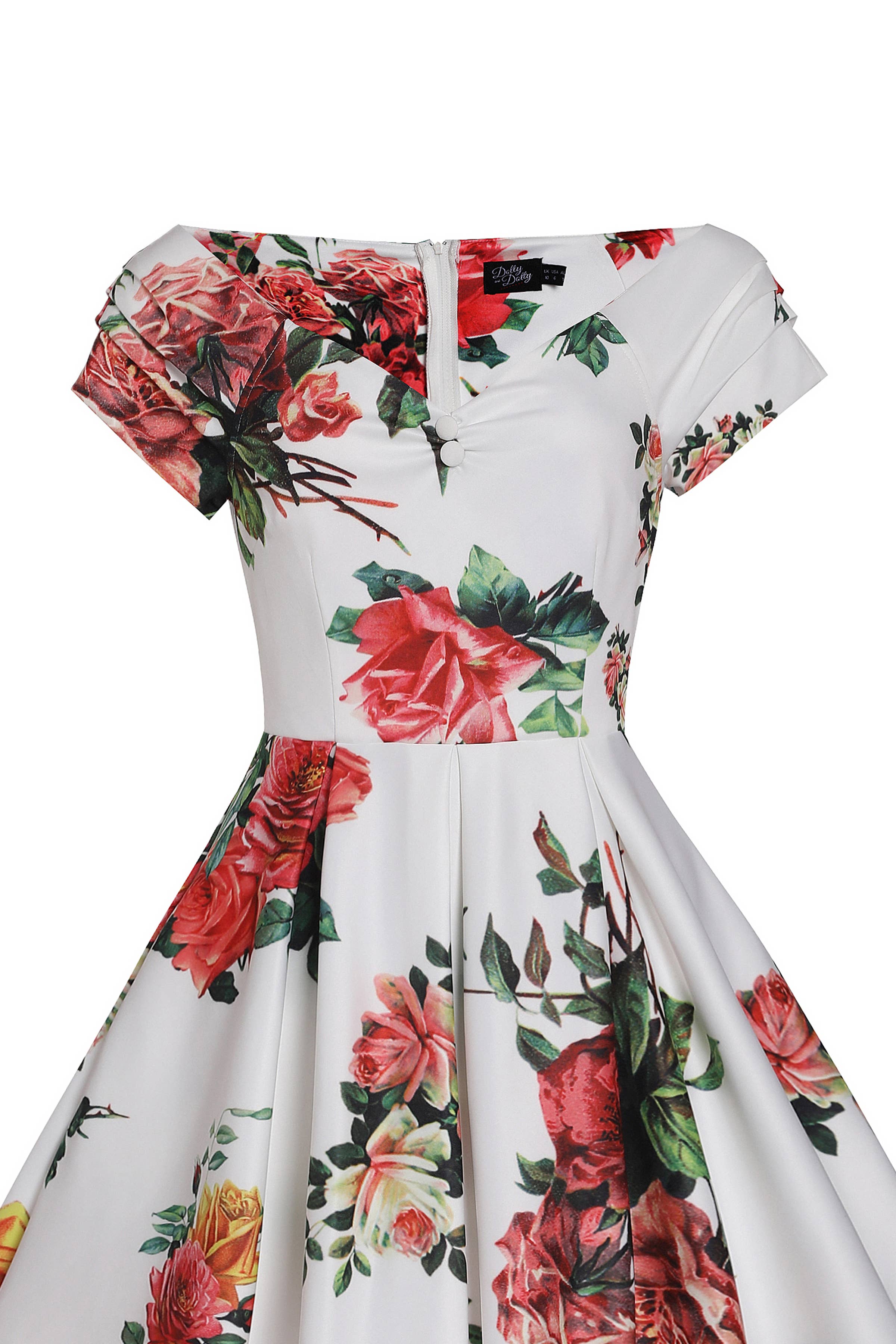 Off Shoulder Flared Pocket Dress White Pink Yellow Roses