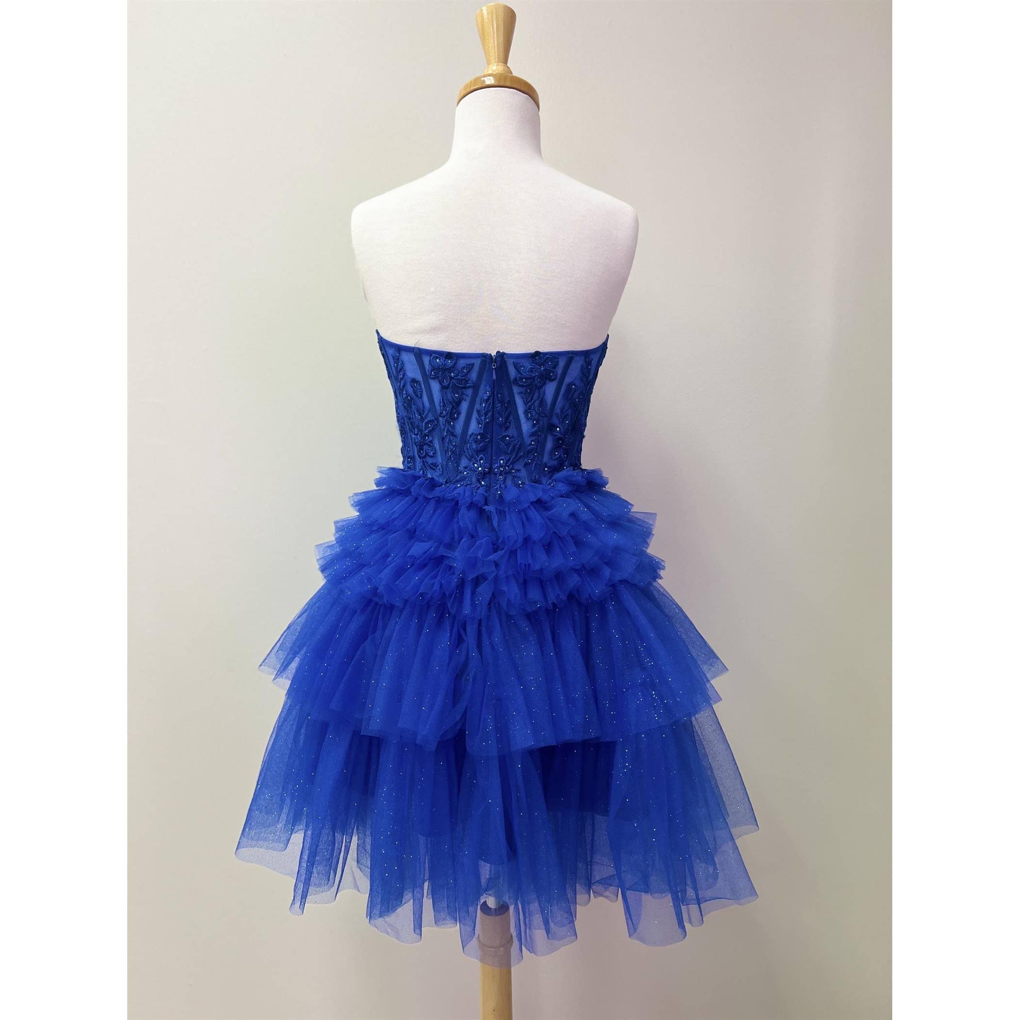 STRAPLESS COCKTAIL GOWN WITH LEAF LACE CORSET BODICE AND RUF