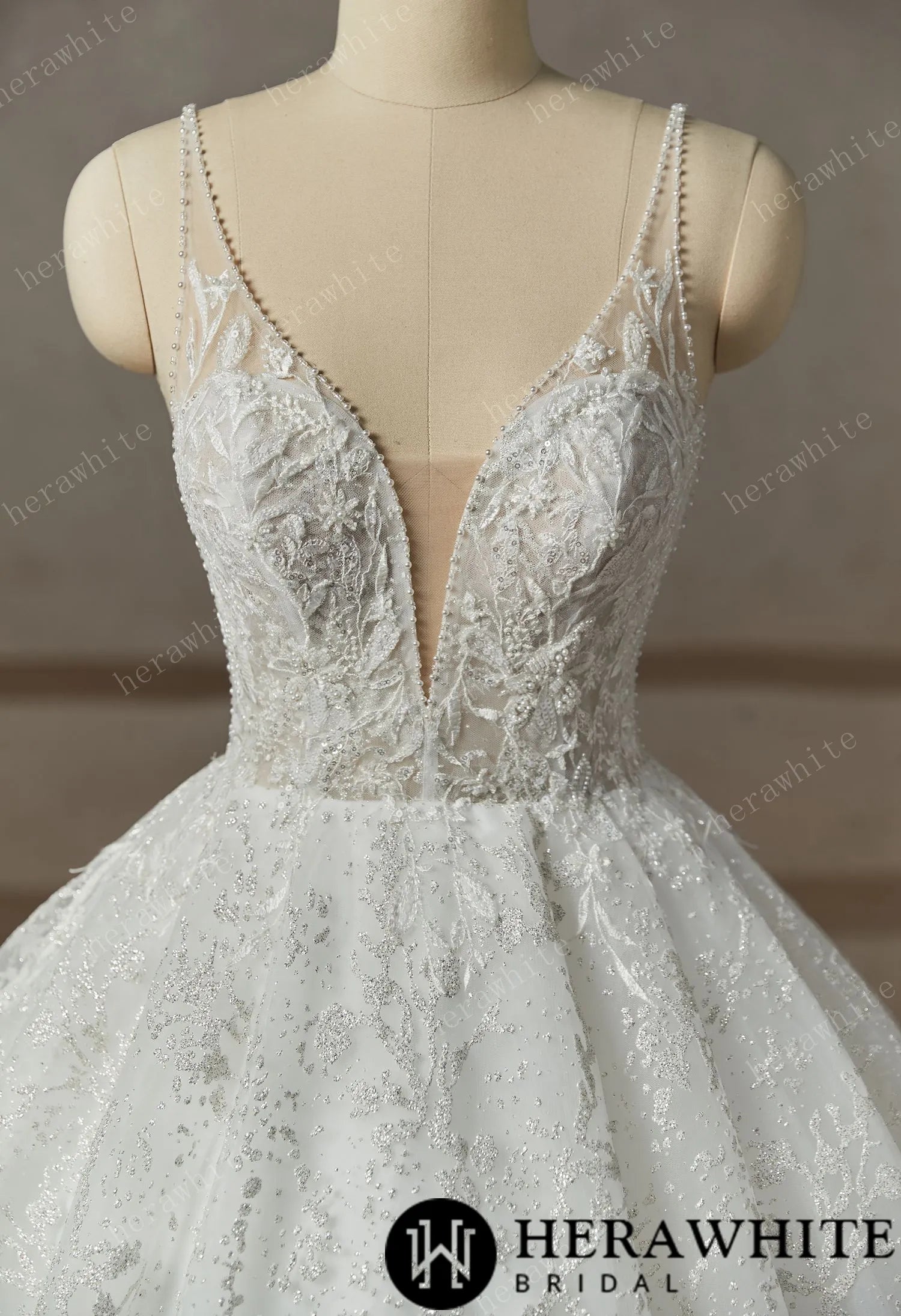 Princess Beaded Deep-plunge Ball Gown Wedding Dress