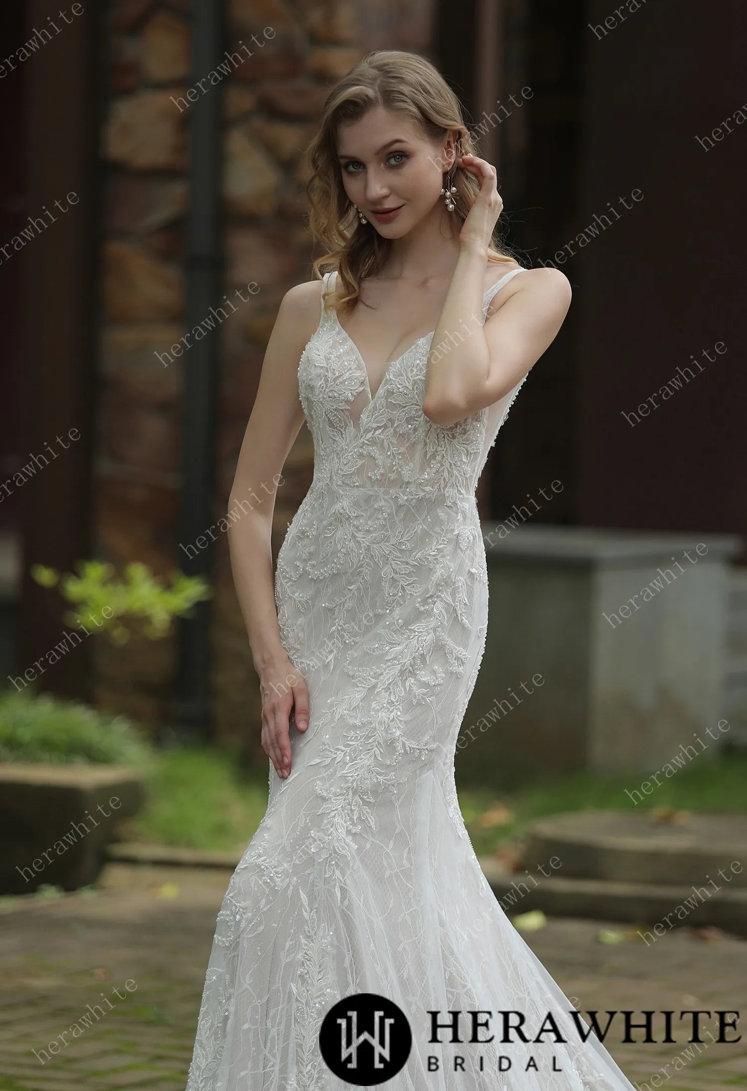 Classic V-Neck Allover Lace Fit And Flare Wedding Dress