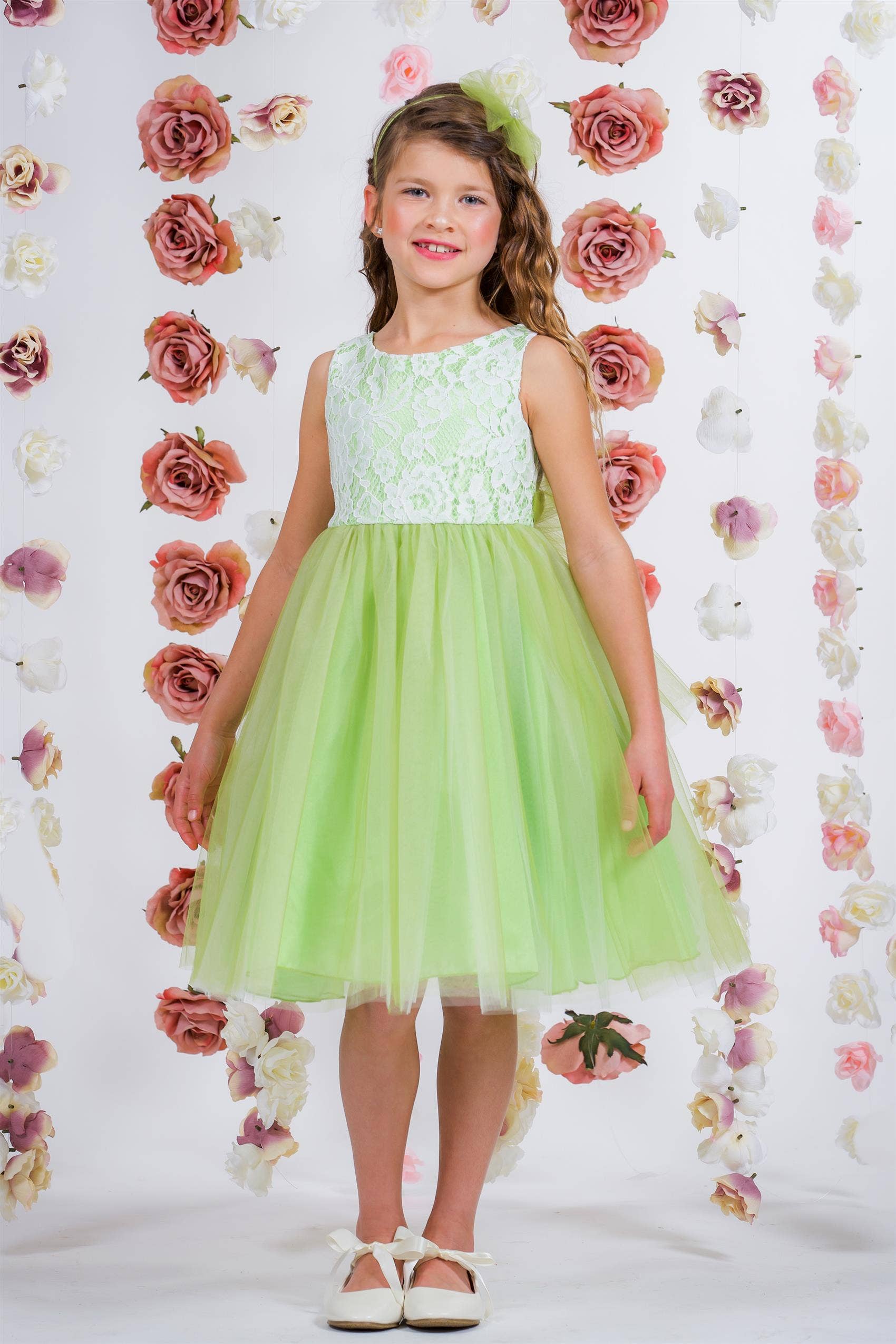 Lace Illusion Girls Dress With/Without 3 Mesh Flowers: No / Aqua / 4