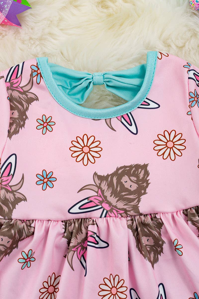 HIGHLAND COW WITH EASTER EARS BABY DRESS. RPG20144009 SOL: 18-24M