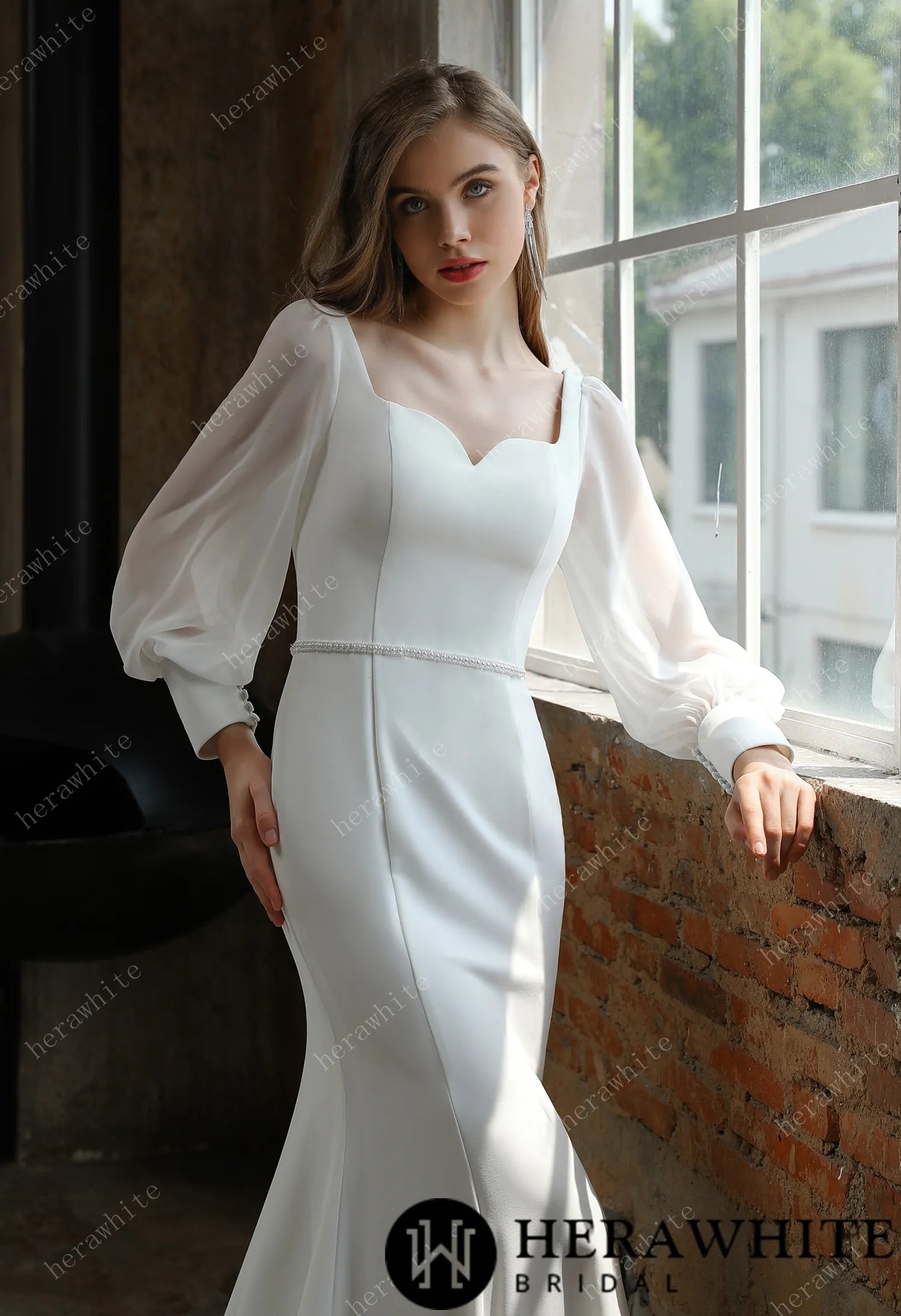 Classic Fit and Flare Wedding Gown with Puff Chiffon Sleeves