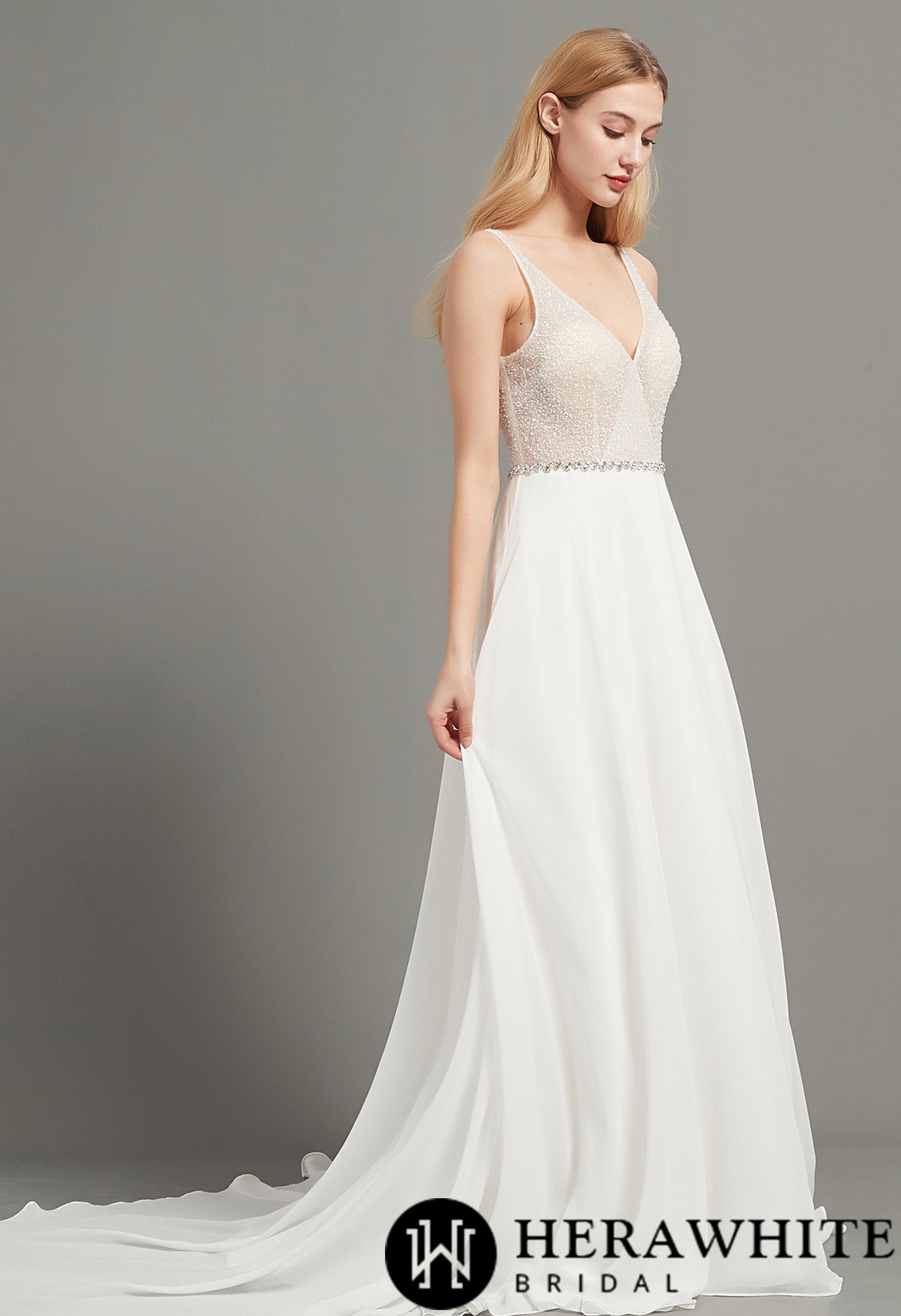 Crystal and beading V Neck Aline Chiffon Wedding Dress