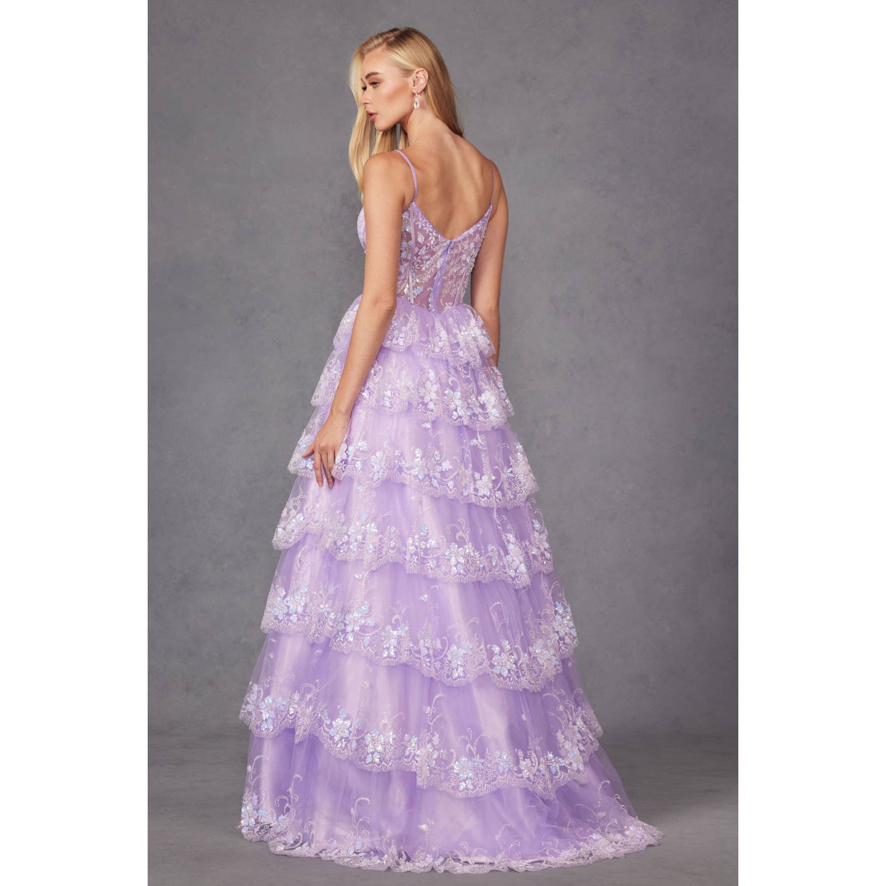 RUFFLE TULLE LACE SEQUIN BALL GOWN WITH SHEER CORSET BODICE