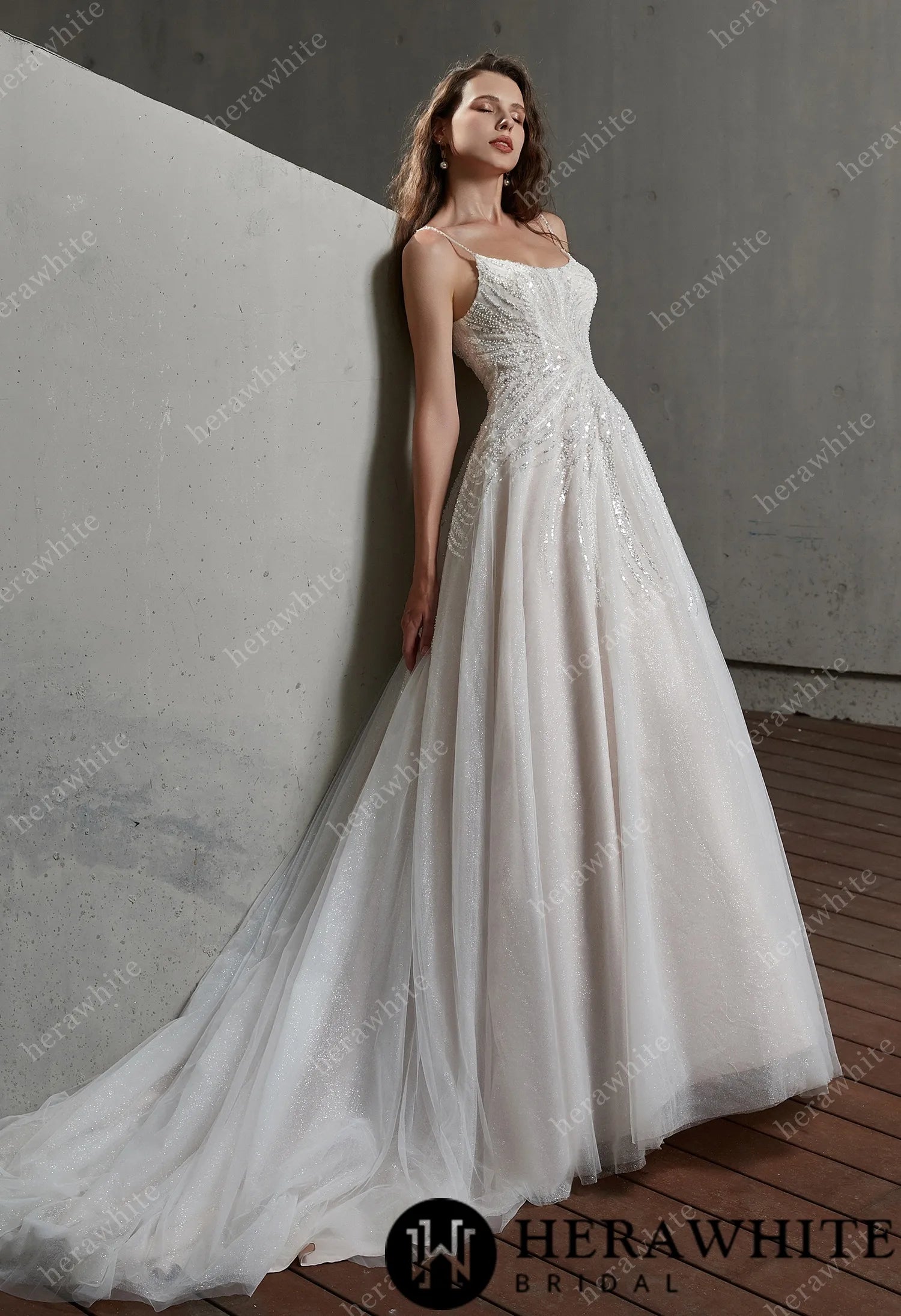 Sparkle Scoop Neckline Wedding Gown with Spaghetti Straps