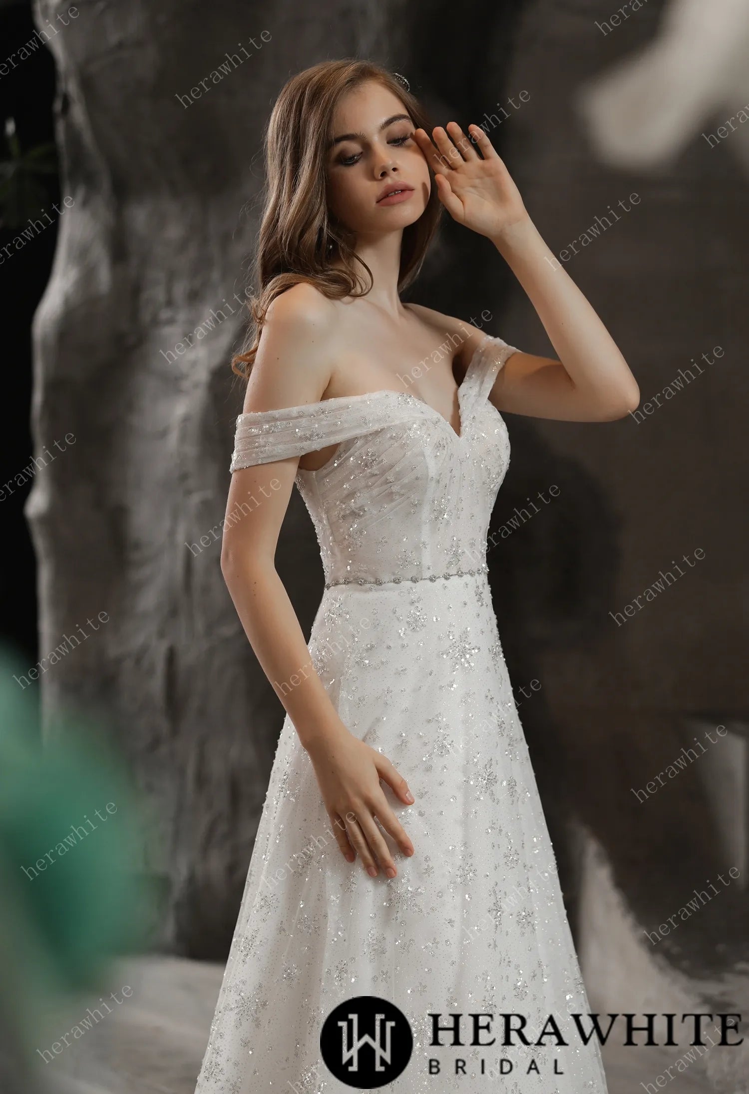 Sparkly Beaded Lace A-Line Bridal Gown With Off the Shoulder Neckline