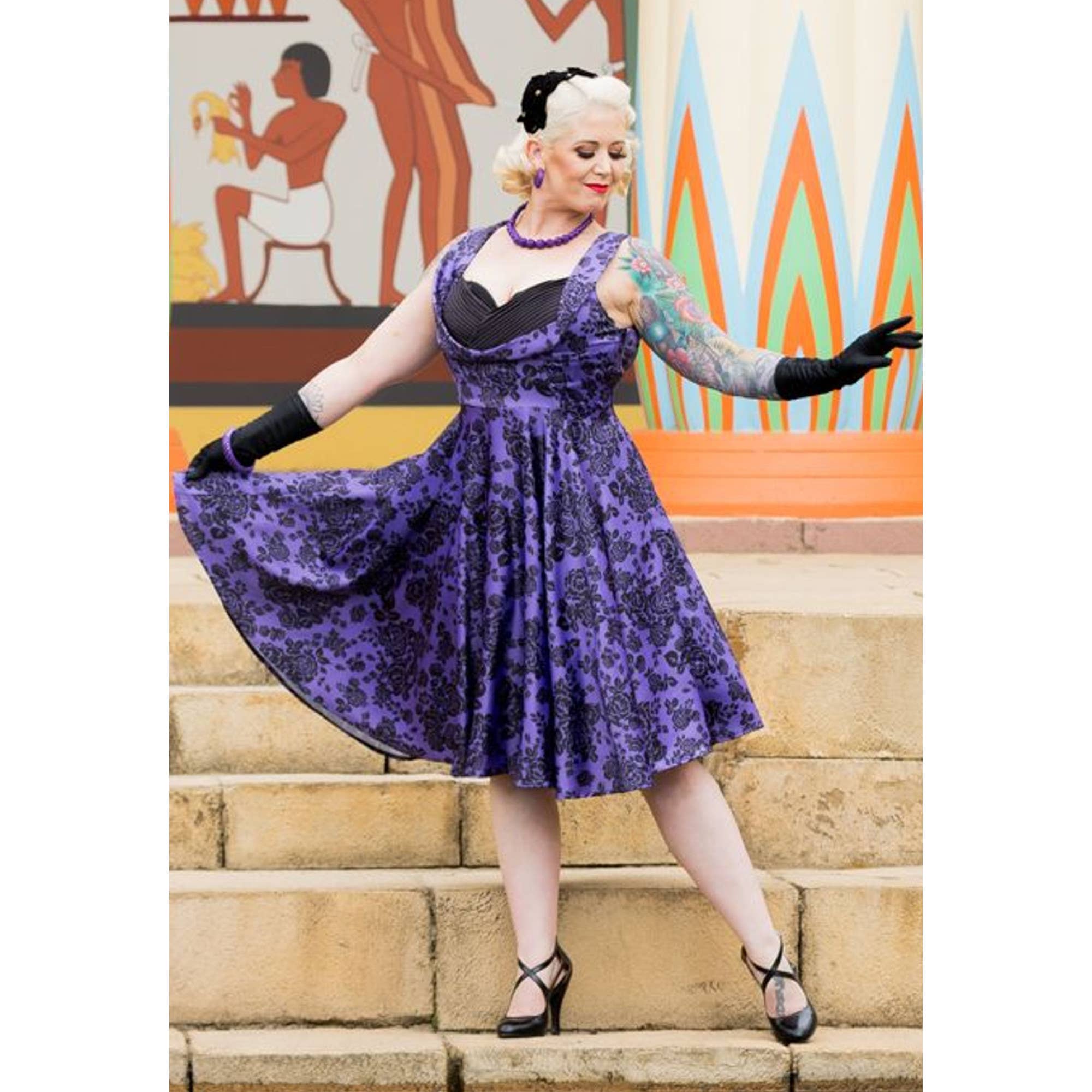 Grace Vintage Style Jive Dress In Purple Floral